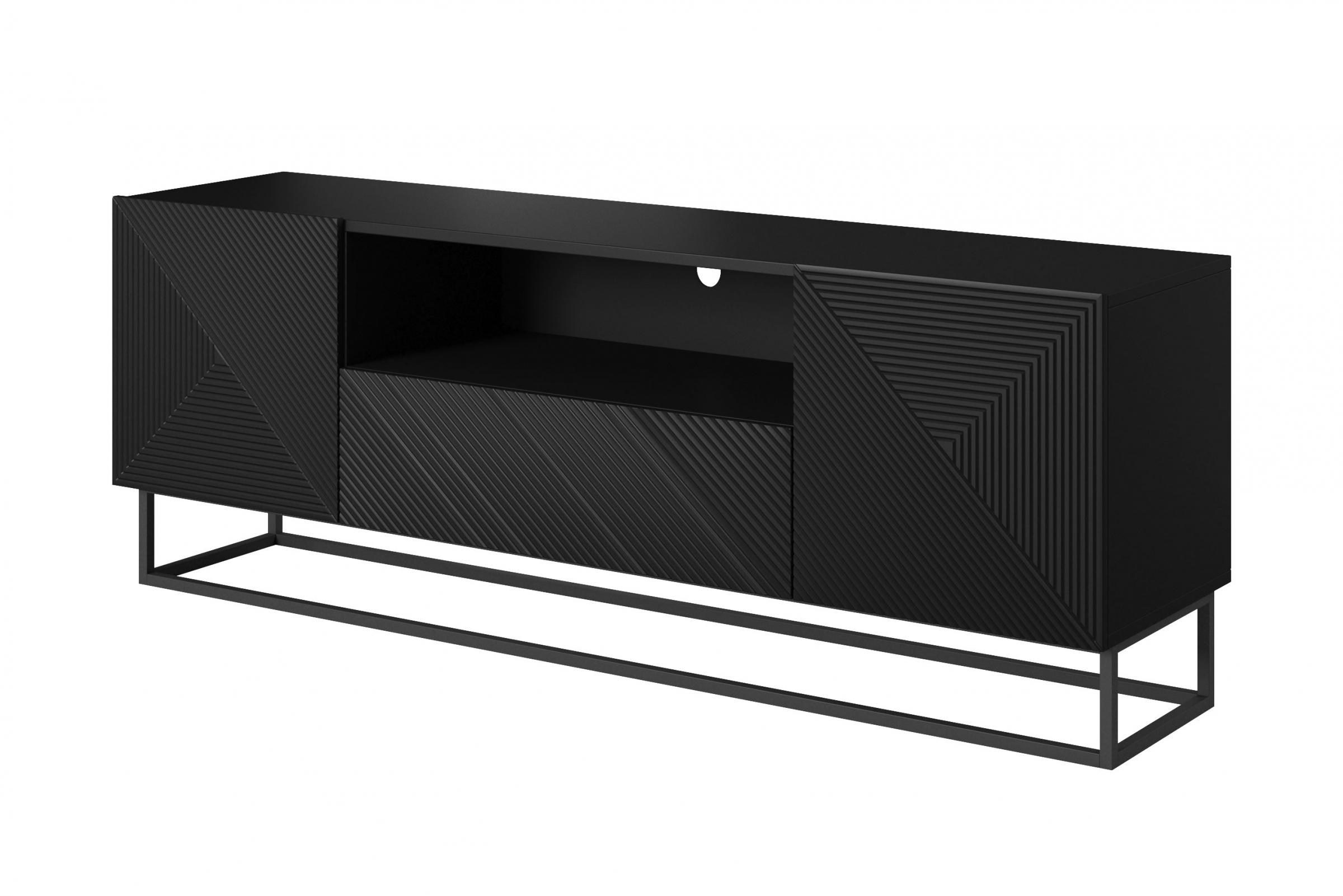 TV stolek Asha 167 cm - černý mat / černý kovový podstavec skříňka RTV Asha 167 cm z szuflada i metalowym stelazem - černá mat