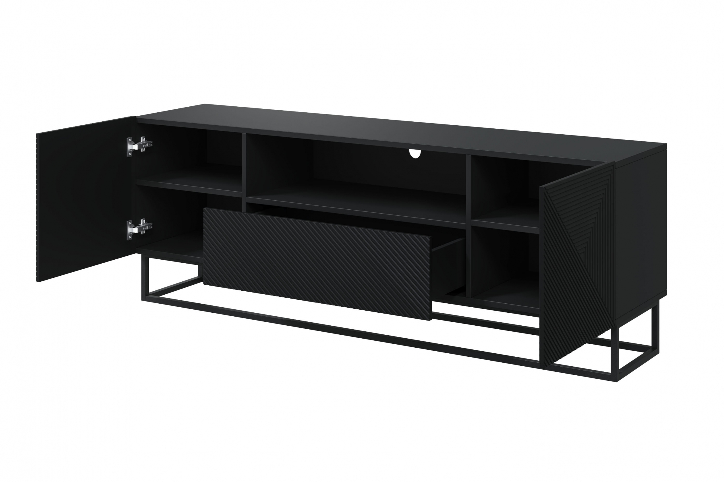 TV stolek Asha 167 cm - černý mat / černý kovový podstavec skříňka RTV Asha 167 cm z szuflada i metalowym stelazem - černá mat