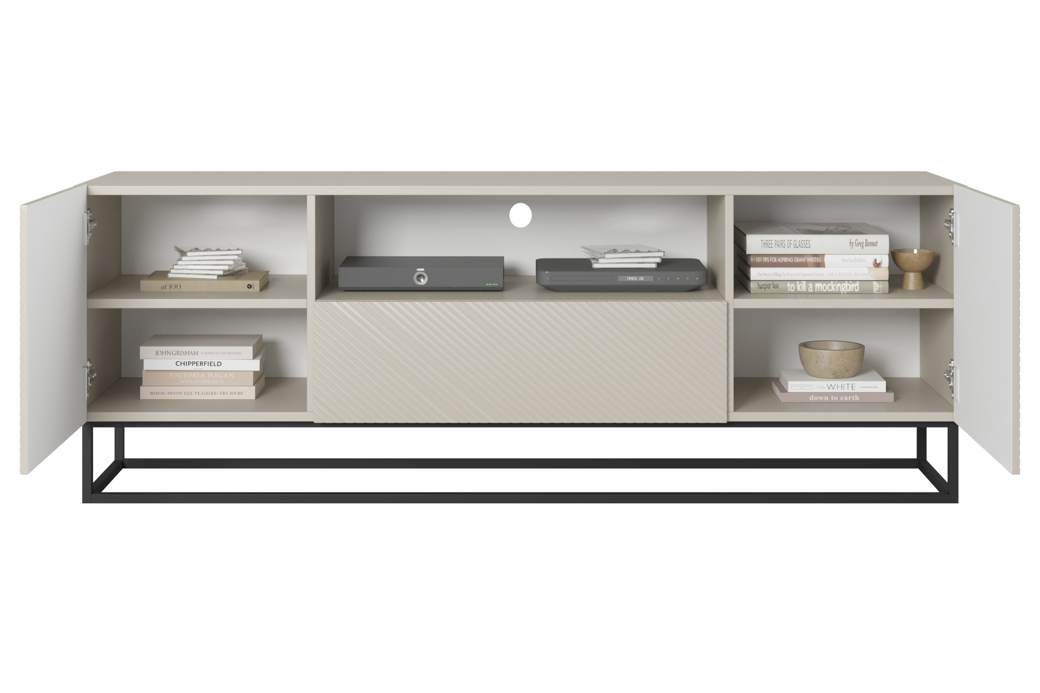 TV stolek Asha 167 cm - kašmír / černý kovový rám skříňka RTV Asha 167 cm z szuflada i metalowym stelazem - kašmír