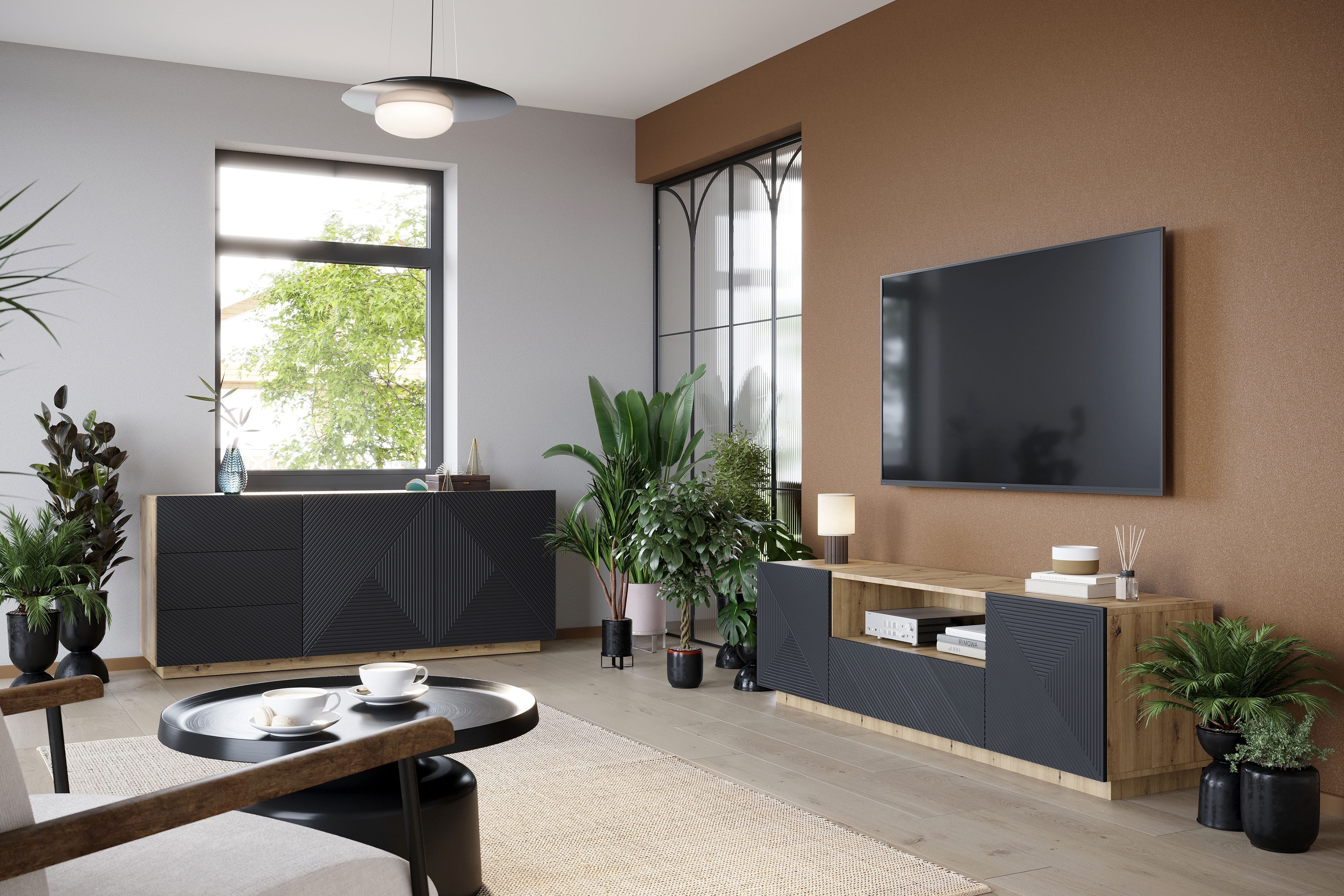 TV stolek Asha 167 cm - dub artisan / rivier stone mat Skříňka RTV Asha 167 cm z szuflada i wneka - artisan / rivier stone mat