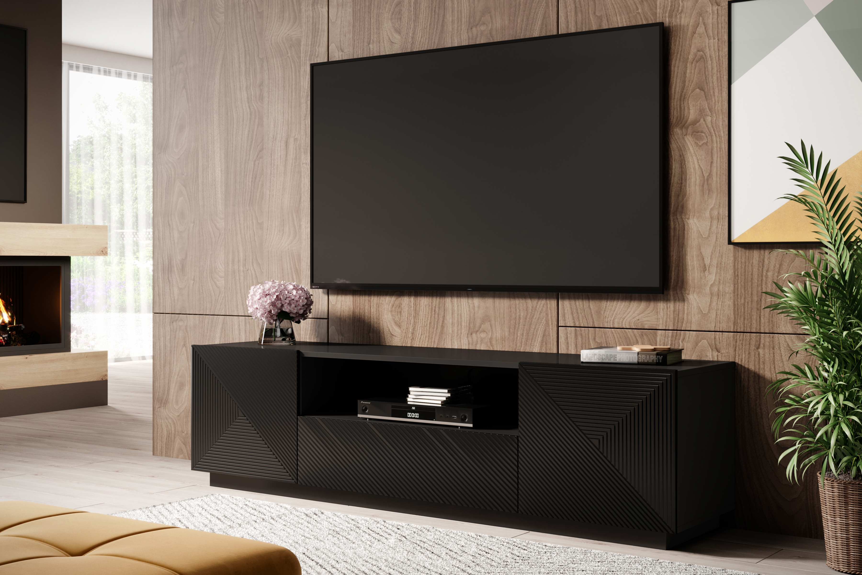 TV stolek Asha 167 cm - černý mat skříňka RTV Asha 167 cm z szuflada i wneka - černá mat