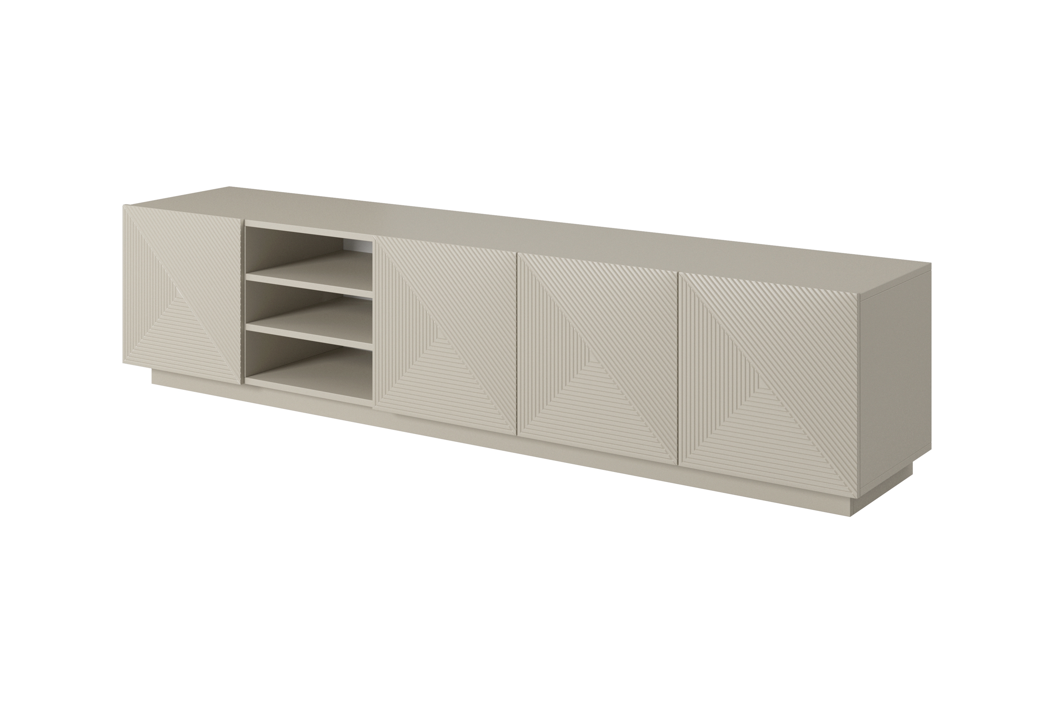 TV skrinka Asha 200 cm s ryhovaným frontom a výklenkom - kašmír TV skrinka Asha 200 cm  ryflowanym frontem i wneka - kašmír