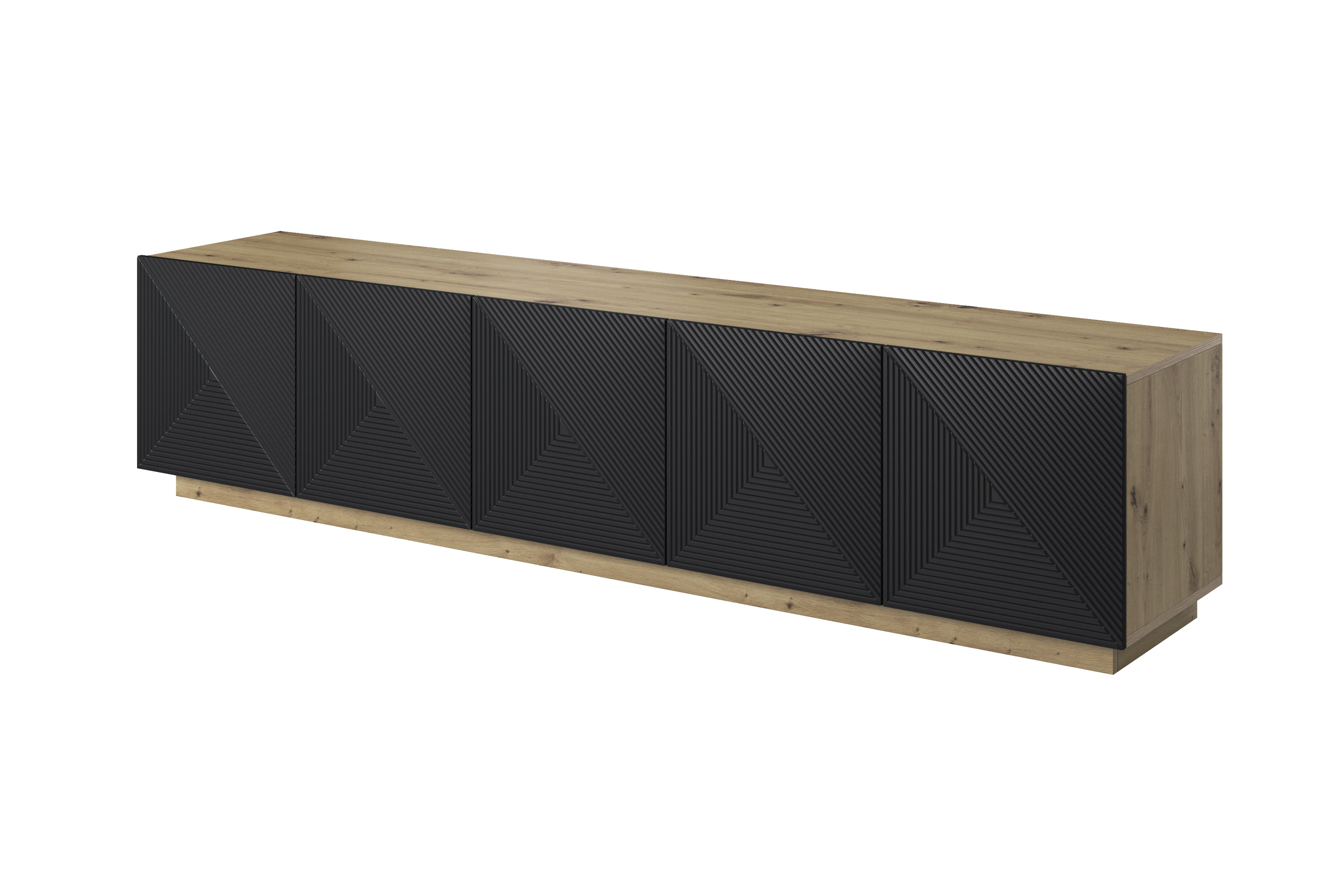 TV stolek Asha 200 cm 5dveřový s rýhovaným čelem - dub artisan / černý mat skříňka RTV Asha 200 cm pieciodrzwiowa s frézovanou přední částí - artisan / černá mat
