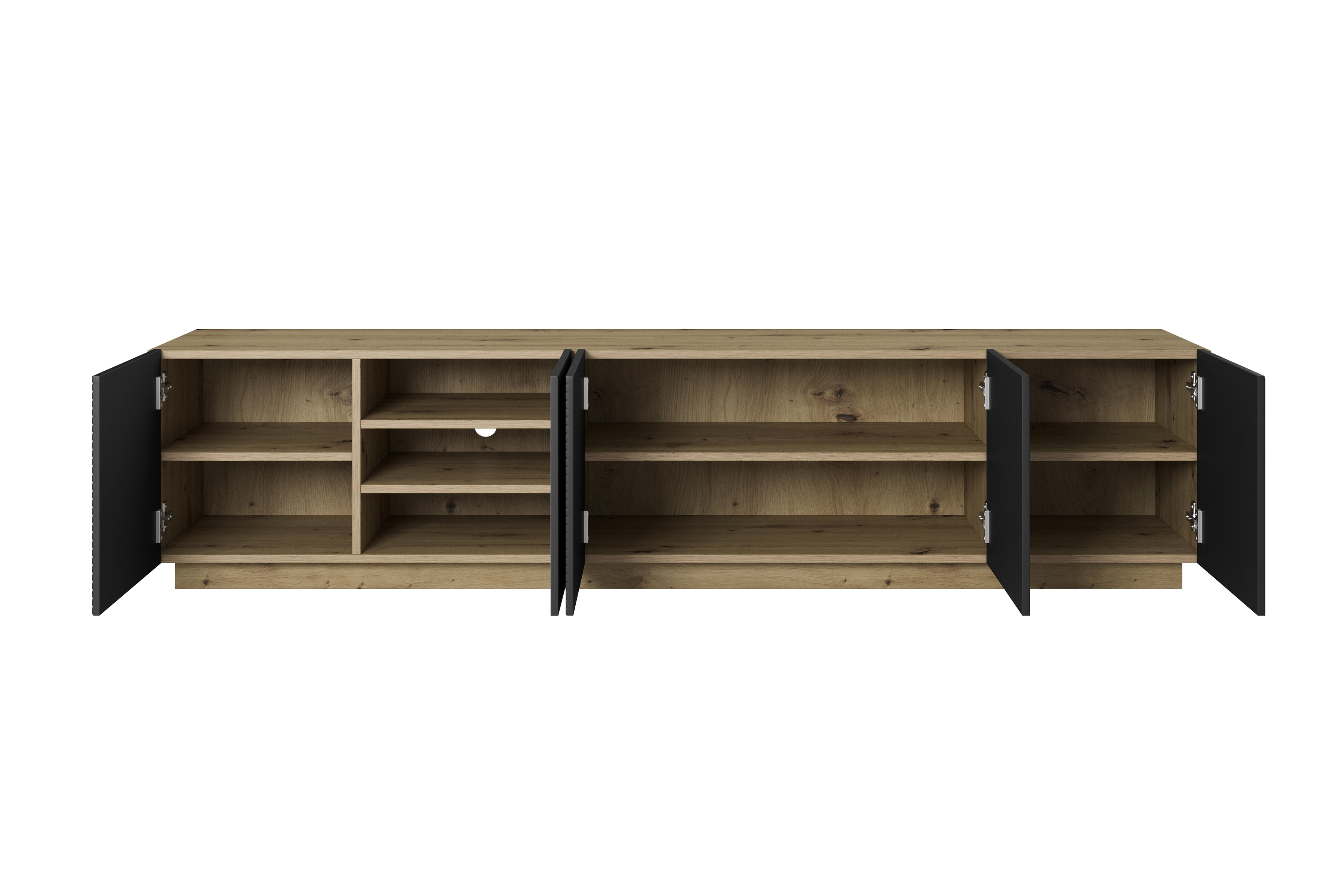 TV stolek Asha 200 cm 5dveřový s rýhovaným čelem - dub artisan / černý mat skříňka RTV Asha 200 cm pieciodrzwiowa s frézovanou přední částí - artisan / černá mat