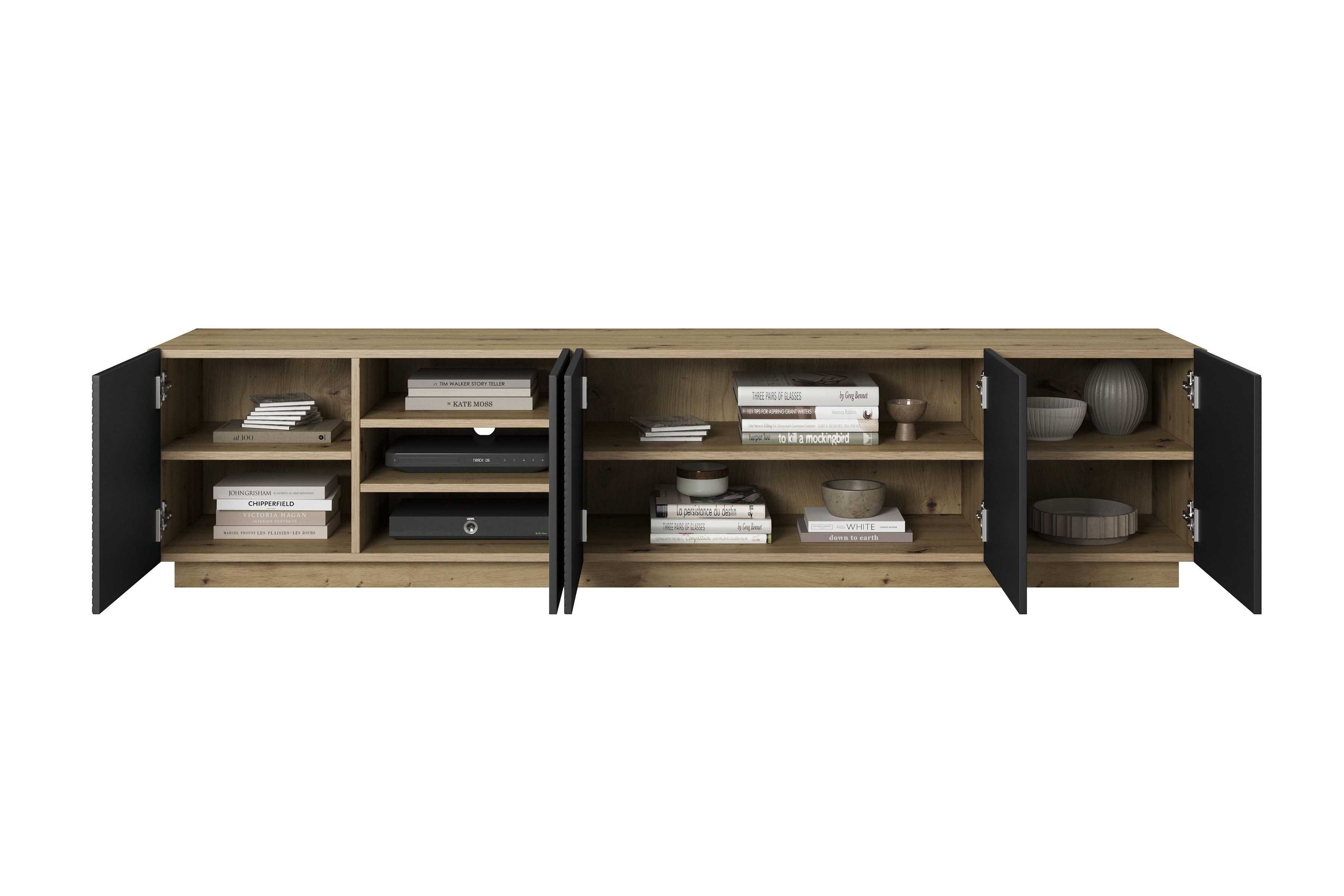 TV stolek Asha 200 cm 5dveřový s rýhovaným čelem - dub artisan / černý mat skříňka RTV Asha 200 cm pieciodrzwiowa s frézovanou přední částí - artisan / černá mat