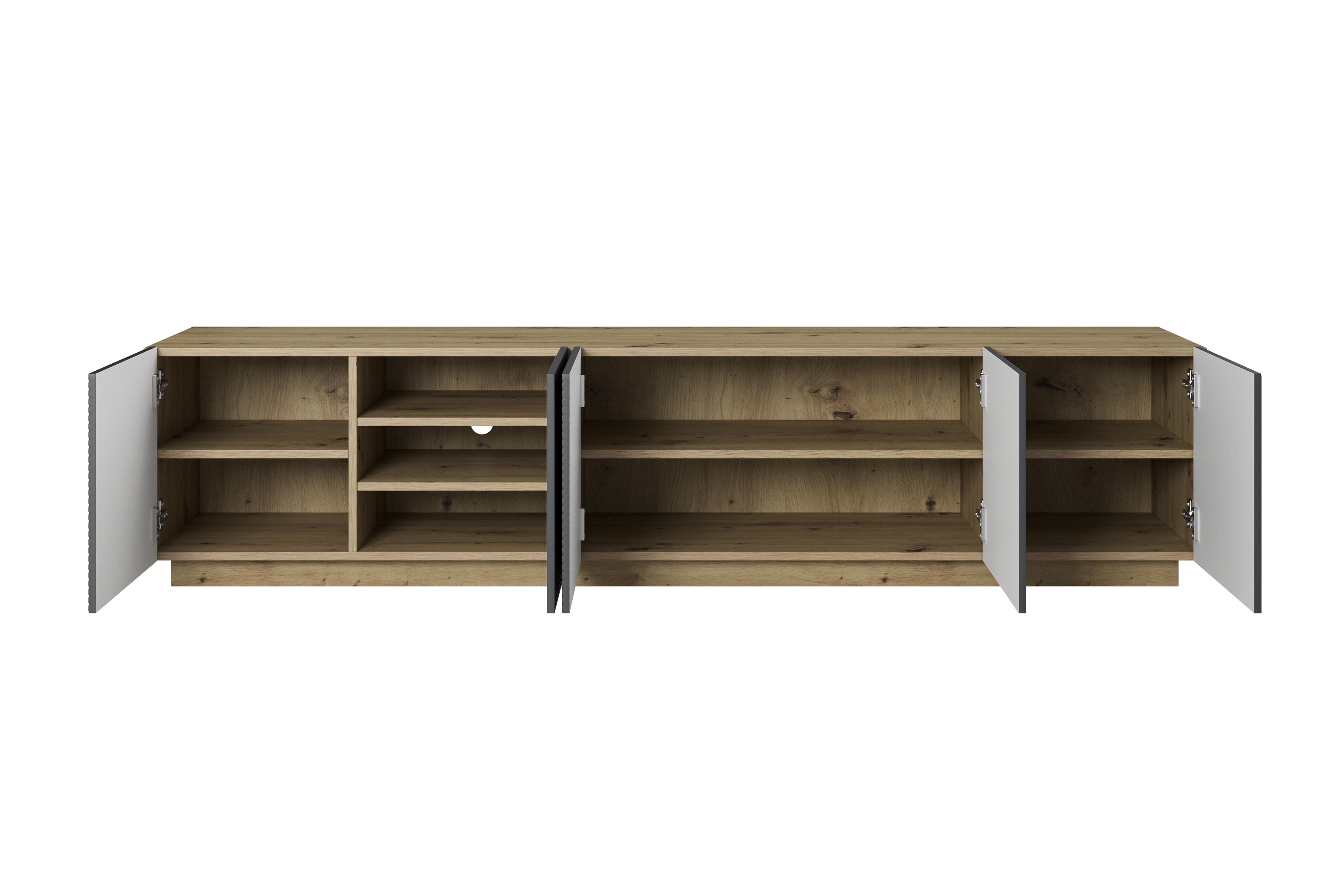 TV stolek Asha 200 cm pětidveřový s rýhovaným čelem - dub artisan / rivier stone mat skříňka RTV Asha 200 cm pieciodrzwiowa s frézovanou přední částí - artisan / rivier stone mat