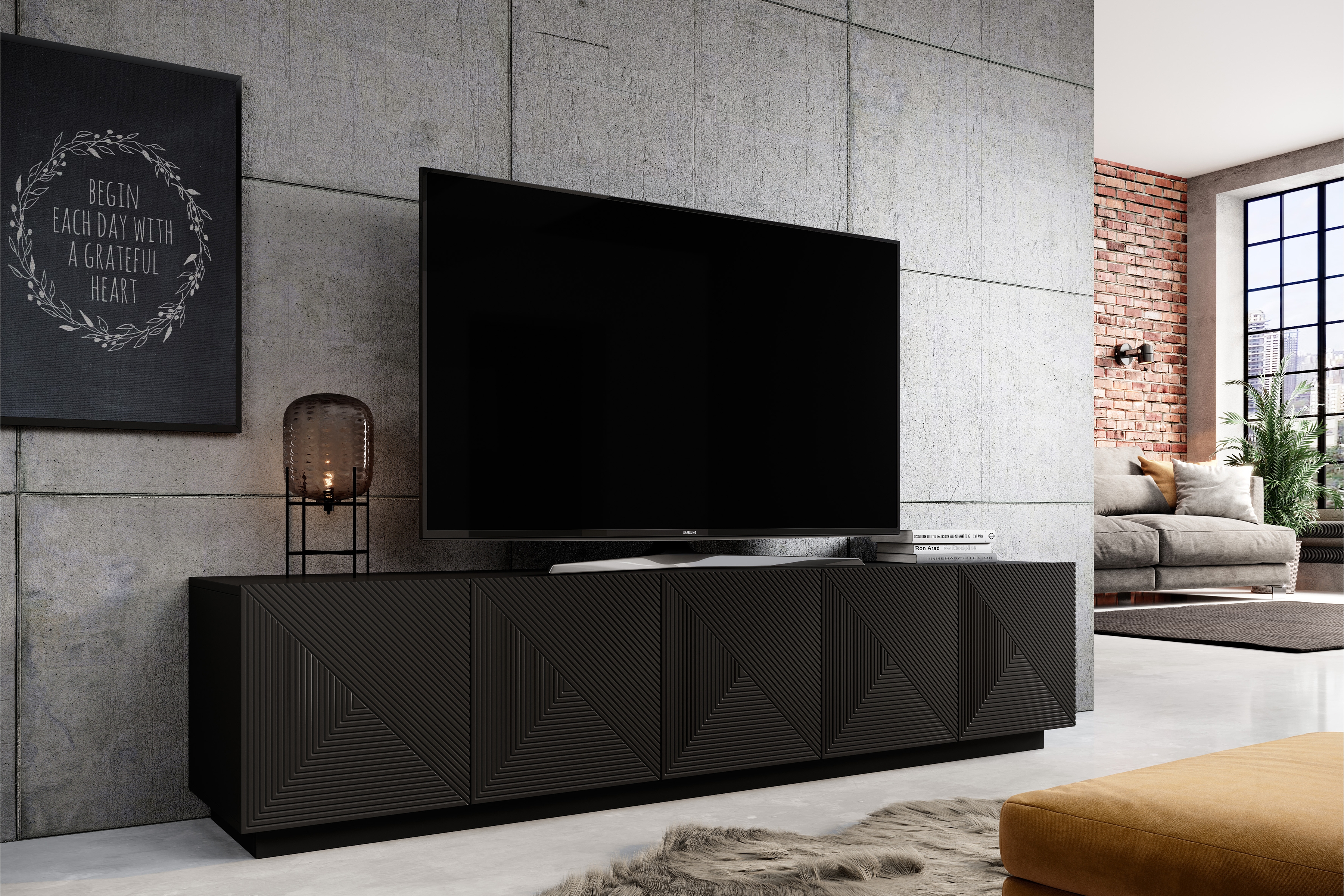 TV stolek Asha 200 cm pětidveřový s rýhovaným čelem - černý mat Skříňka RTV Asha 200 cm pieciodrzwiowa s frézovanou přední částí - černá mat