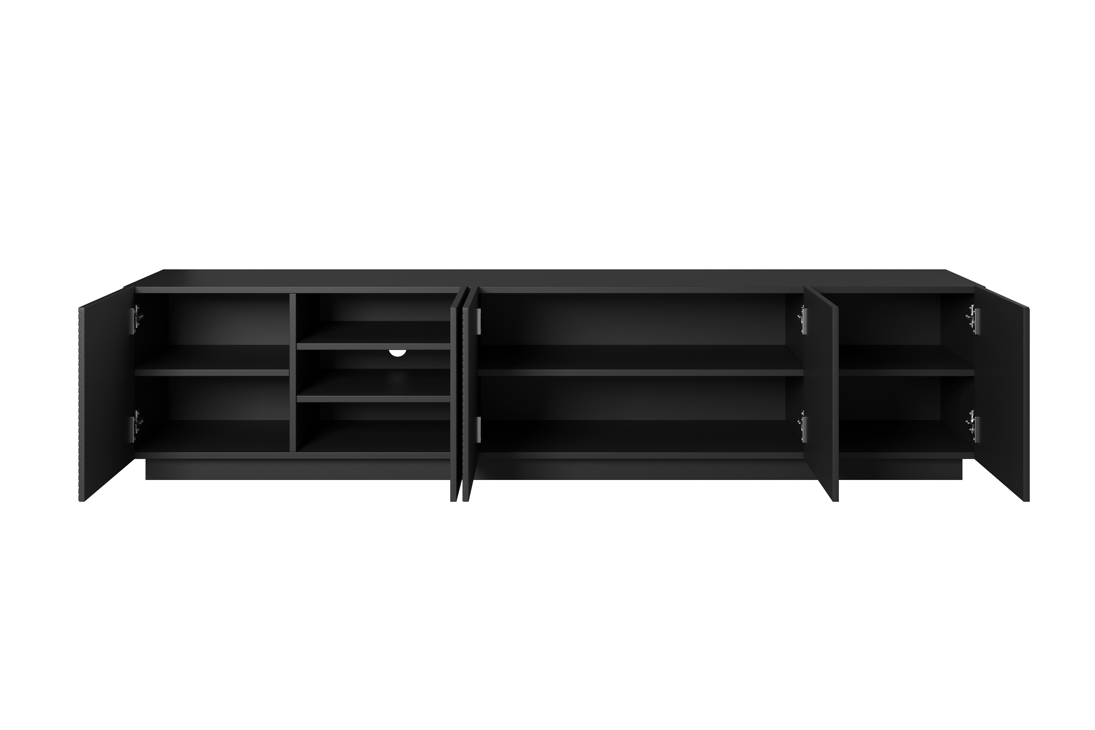 TV stolík Asha 200 cm s ryhovaným čelom - čierny mat TV skrinka Asha 200 cm pieciodrzwiowa s frézovaným frontom - Čierny mat