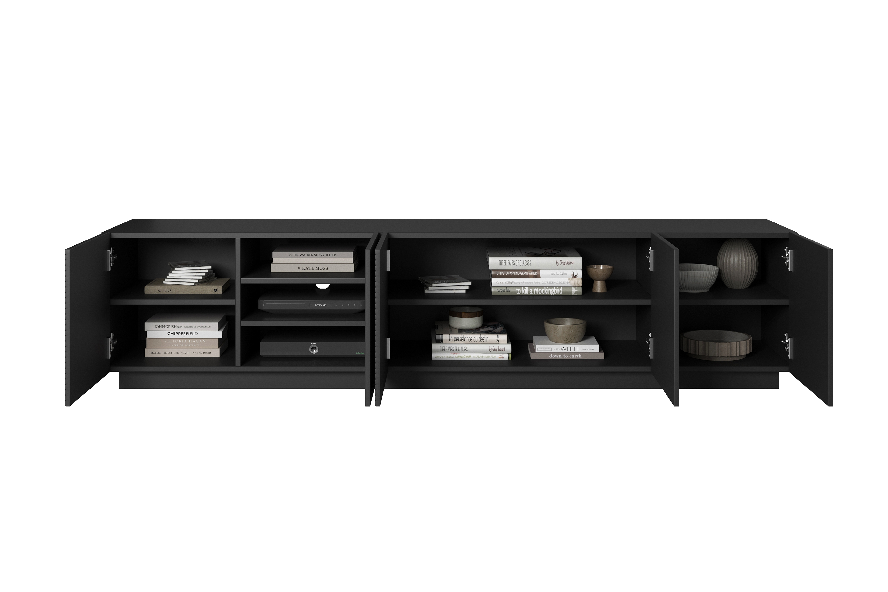 TV stolík Asha 200 cm s ryhovaným čelom - čierny mat TV skrinka Asha 200 cm pieciodrzwiowa s frézovaným frontom - Čierny mat