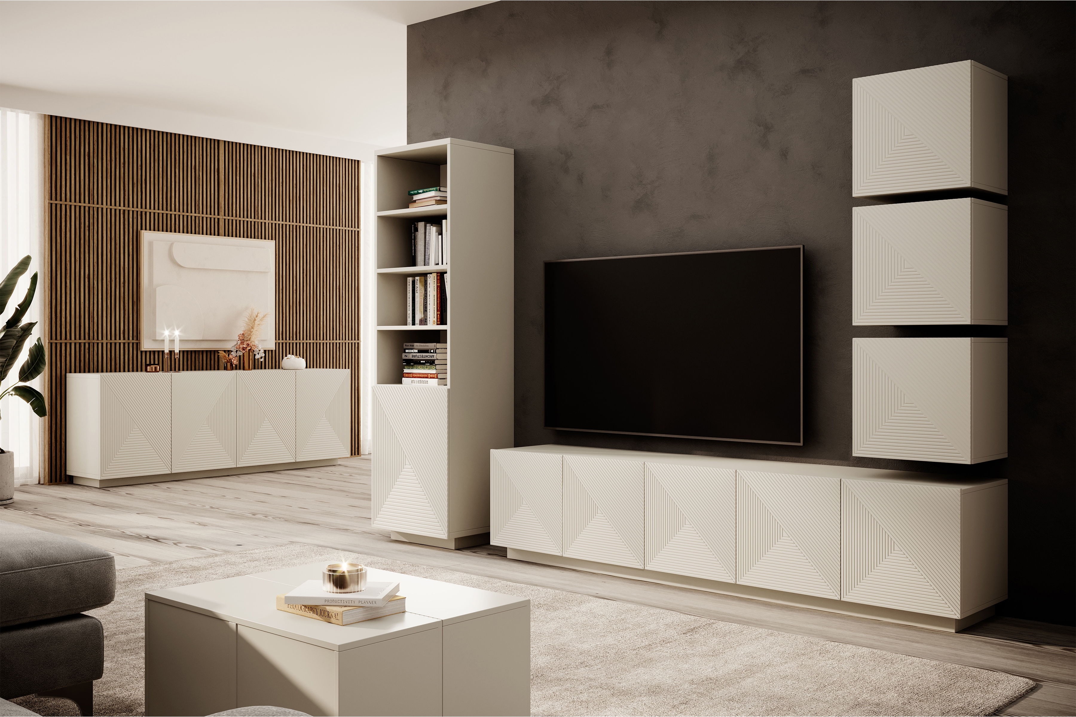 TV stolek Asha 200 cm s rýhovaným čelem - kašmír Skříňka RTV Asha 200 cm pieciodrzwiowa s frézovanou přední částí - kašmír