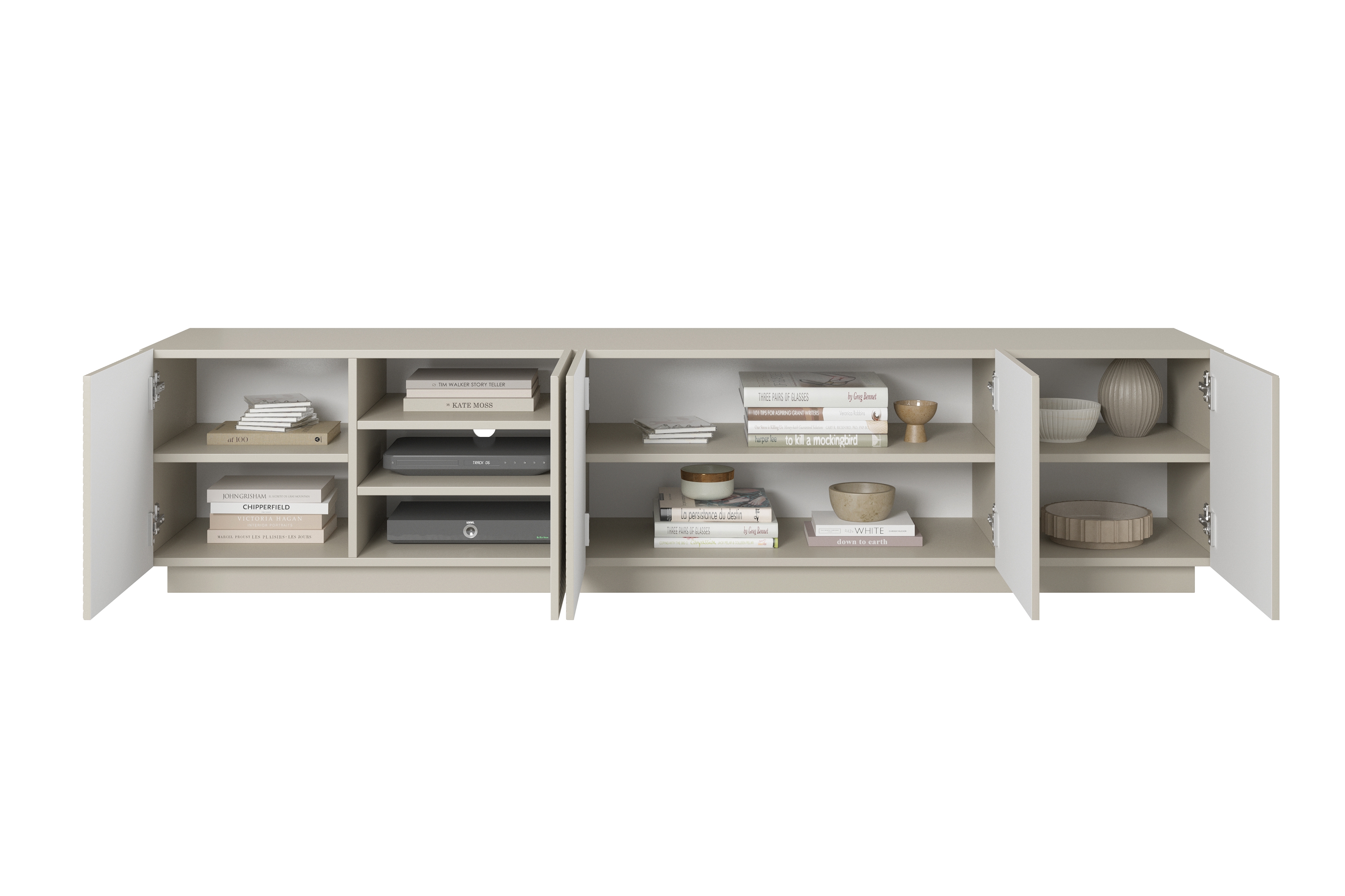 TV stolek Asha 200 cm pětidveřový s drážkovanými dvířky - kašmír skříňka RTV Asha 200 cm pieciodrzwiowa s frézovanou přední částí - kašmír