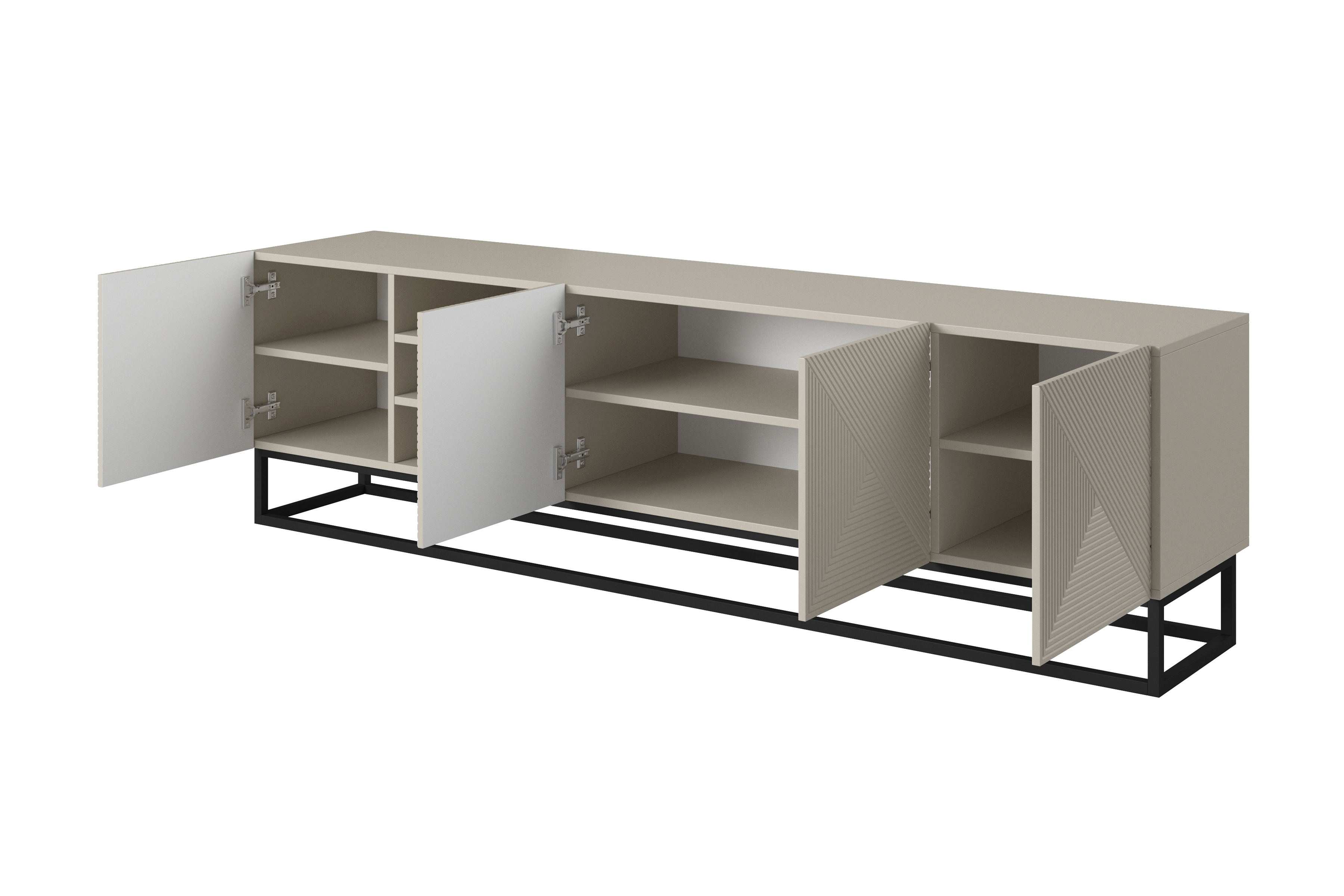 TV stolek Asha 200 cm s drážkováním, otevřenou policí a černou podnoží - kašmír skříňka RTV Asha 200 cm ryflowana z wneka i metalowym, czarnym stelazem - kašmír