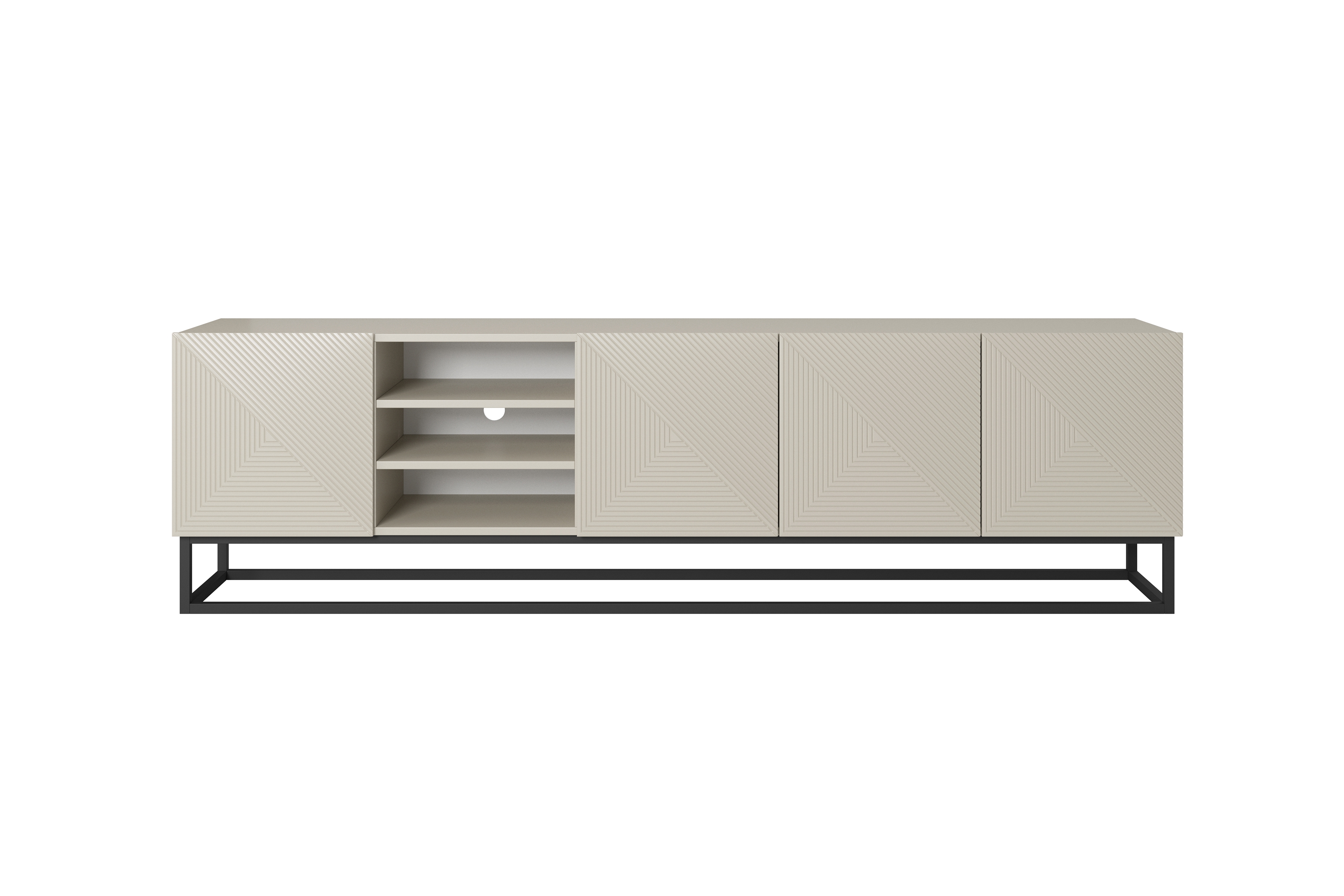 TV stolek Asha 200 cm s drážkováním, otevřenou policí a černou podnoží - kašmír skříňka RTV Asha 200 cm ryflowana z wneka i metalowym, czarnym stelazem - kašmír