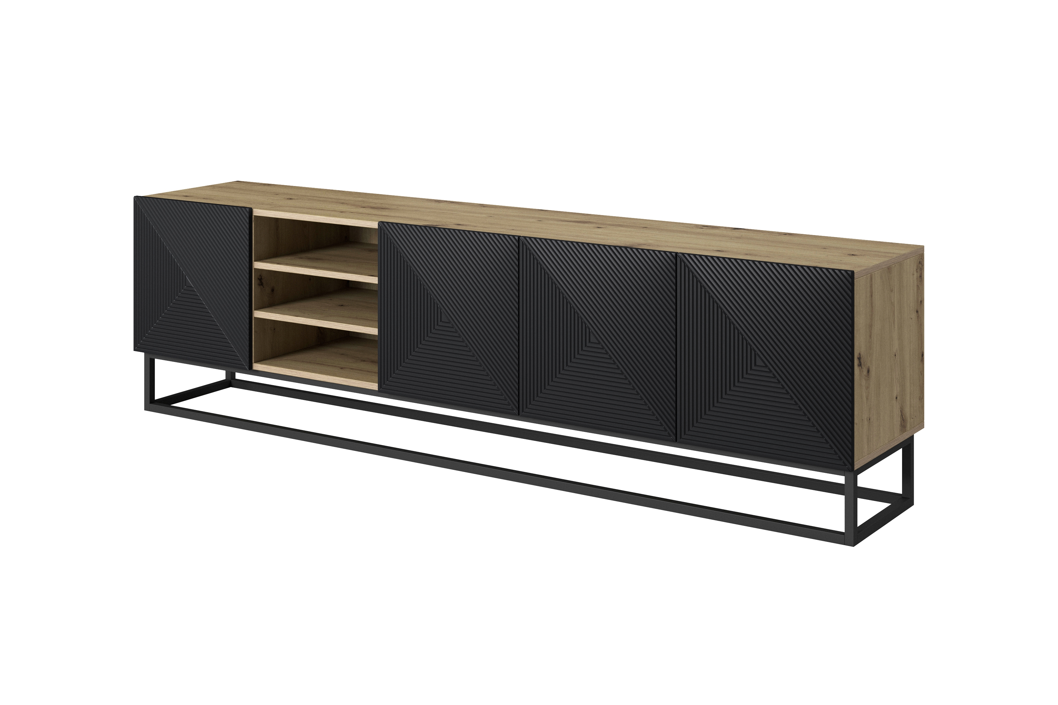 RTV skrinka Asha 200 cm ryhovaná s výklenkom a kovovým rámom - dub artisan / čierny mat TV skrinka Asha 200 cm ryflowana z wneka i metalowym stelazem - artisan / Čierny mat