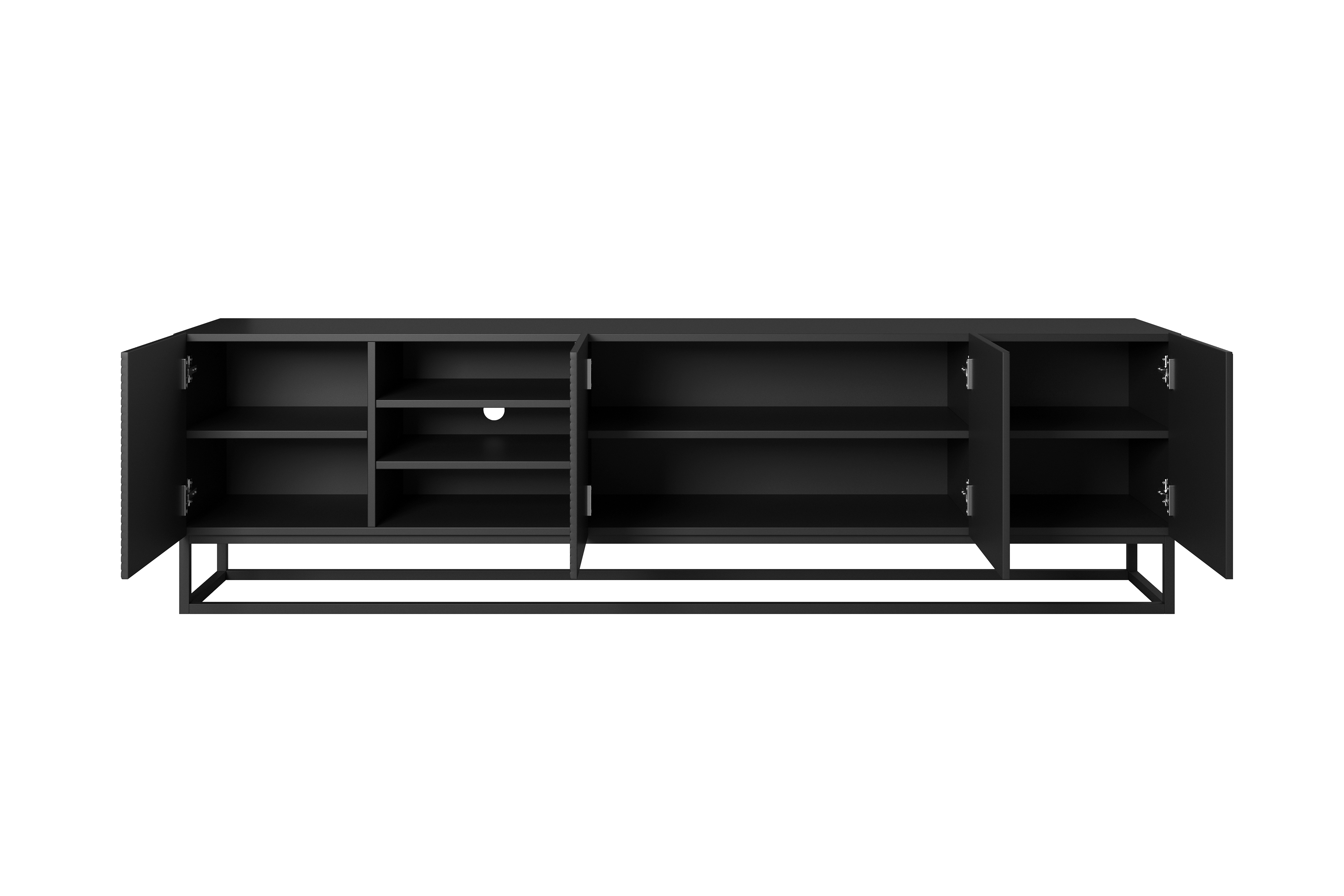RTV skrinka Asha 200 cm ryhovaná na kovovom ráme - čierny mat TV skrinka Asha 200 cm ryflowana z wneka i metalowym stelazem - Čierny mat