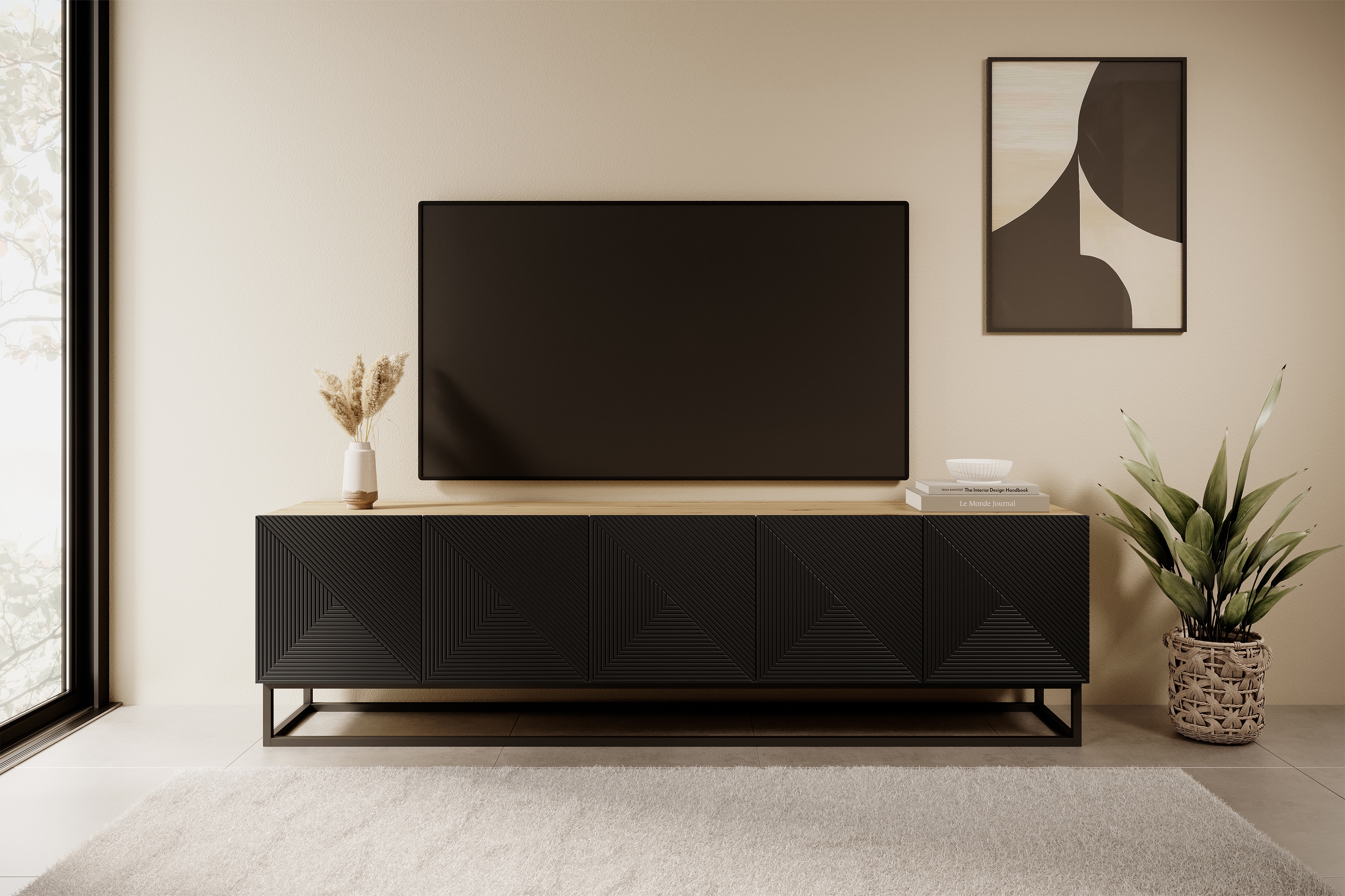 TV skrinka Asha 200 cm s ryhovaným čelom - artisan / čierny mat TV skrinka Asha 200 cm ryflowany Predná časť i metalowym, čiernym stelazem - artisan / Čierny mat