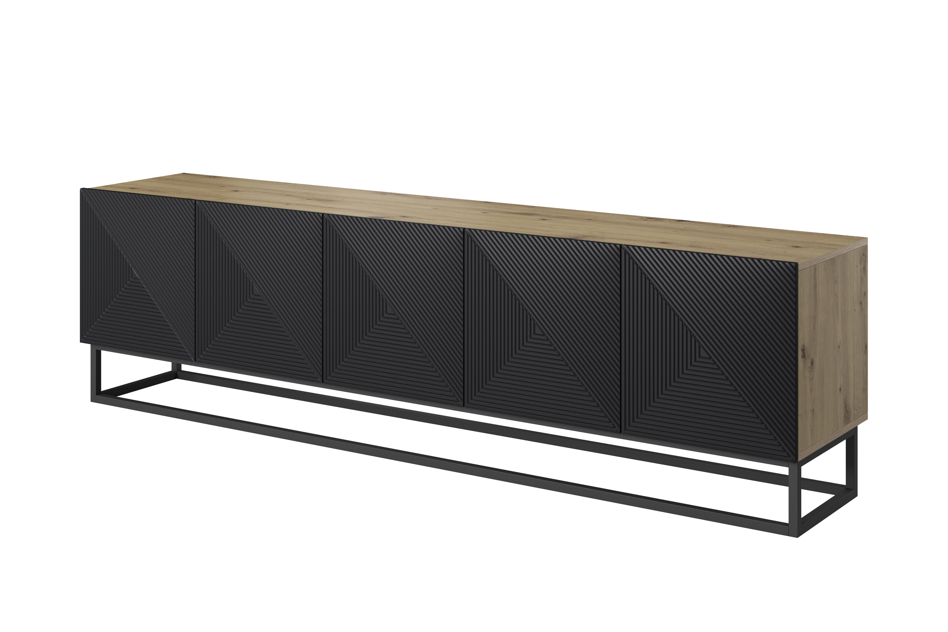 TV skrinka Asha 200 cm s ryhovaným čelom - artisan / čierny mat TV skrinka Asha 200 cm ryflowany Predná časť i metalowym, čiernym stelazem - artisan / Čierny mat