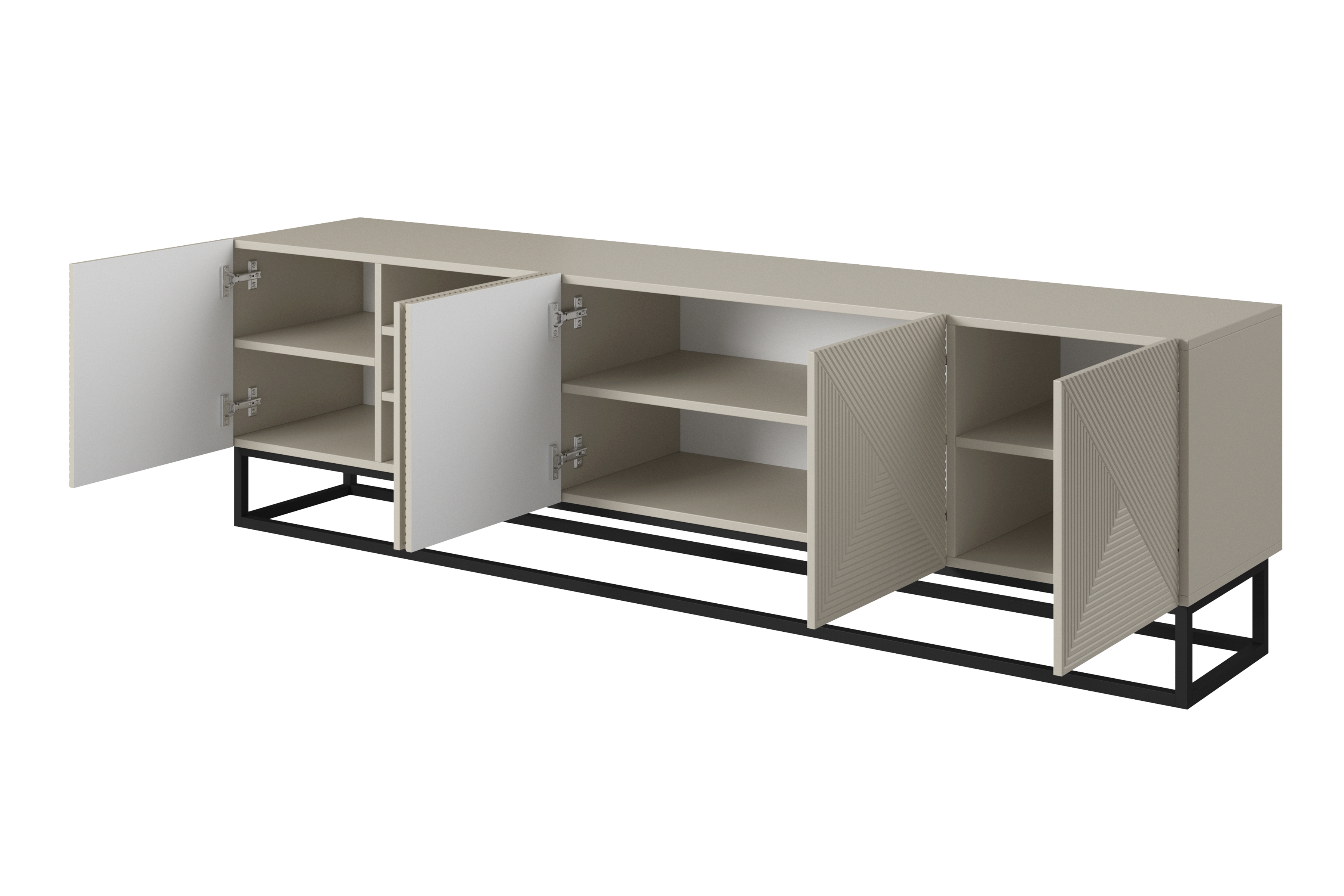 TV stolek Asha 200 cm s rýhovanými dvířky a černým kovovým rámem - kašmír Skříňka RTV Asha 200 cm ryflowany přední část i metalowym, czarnym stelazem - kašmír