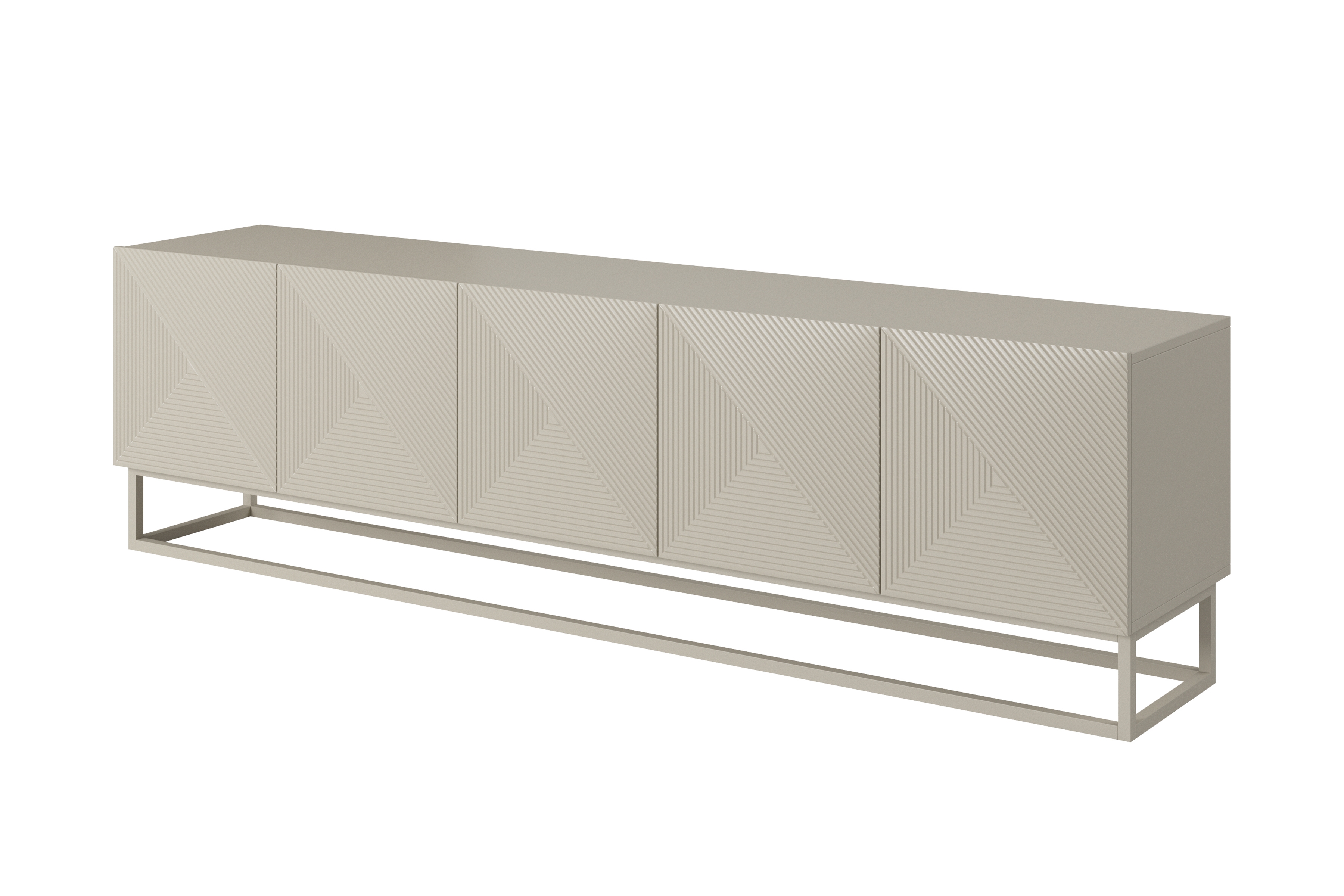 RTV skrinka Asha 200 cm s ryhovaným čelom na kovovom ráme - kašmír TV skrinka Asha 200 cm ryflowany Predná časť i metalowym, kaszmirowym stelazem - kašmír