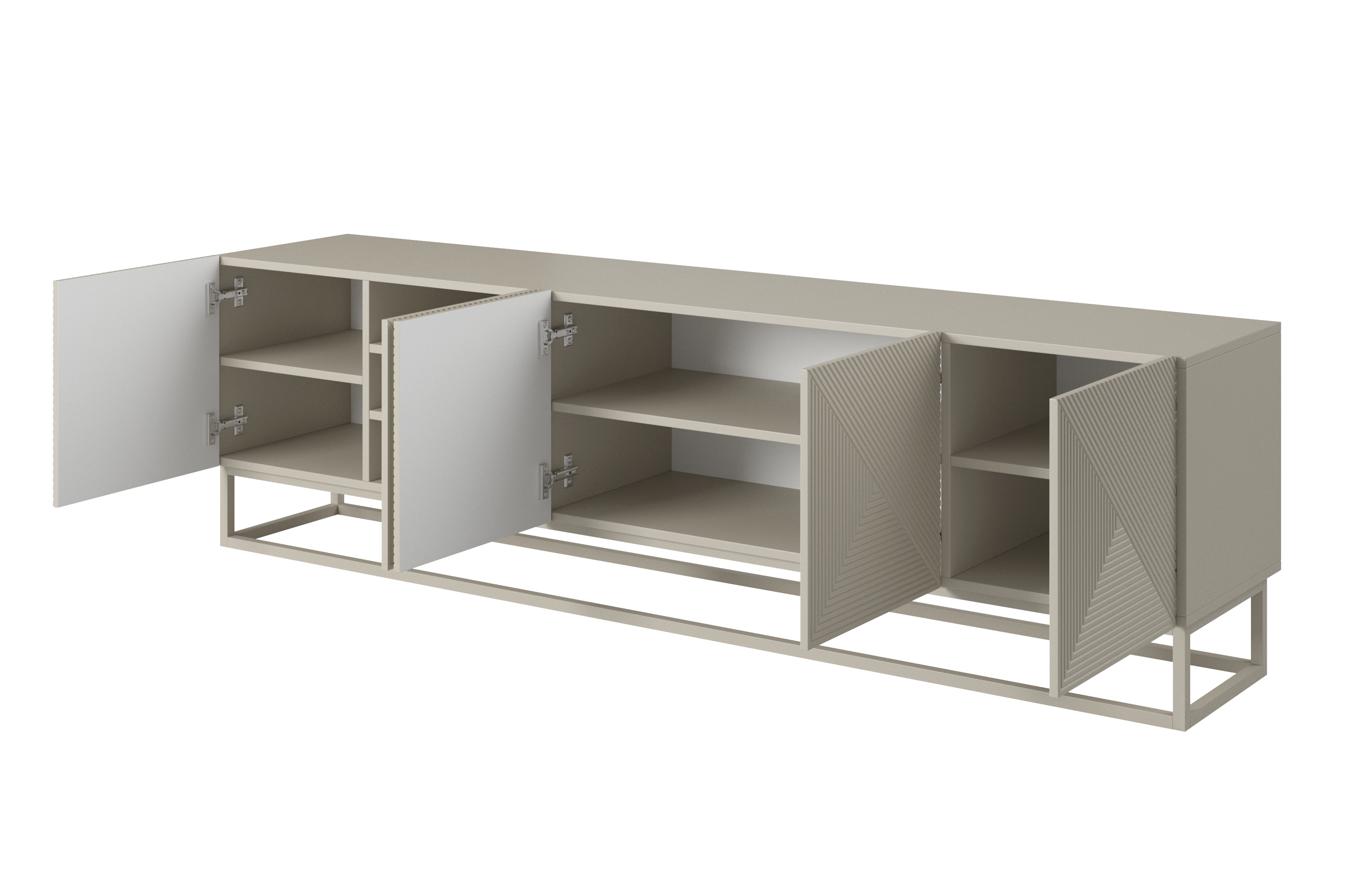 RTV skrinka Asha 200 cm s ryhovaným čelom na kovovom ráme - kašmír TV skrinka Asha 200 cm ryflowany Predná časť i metalowym, kaszmirowym stelazem - kašmír