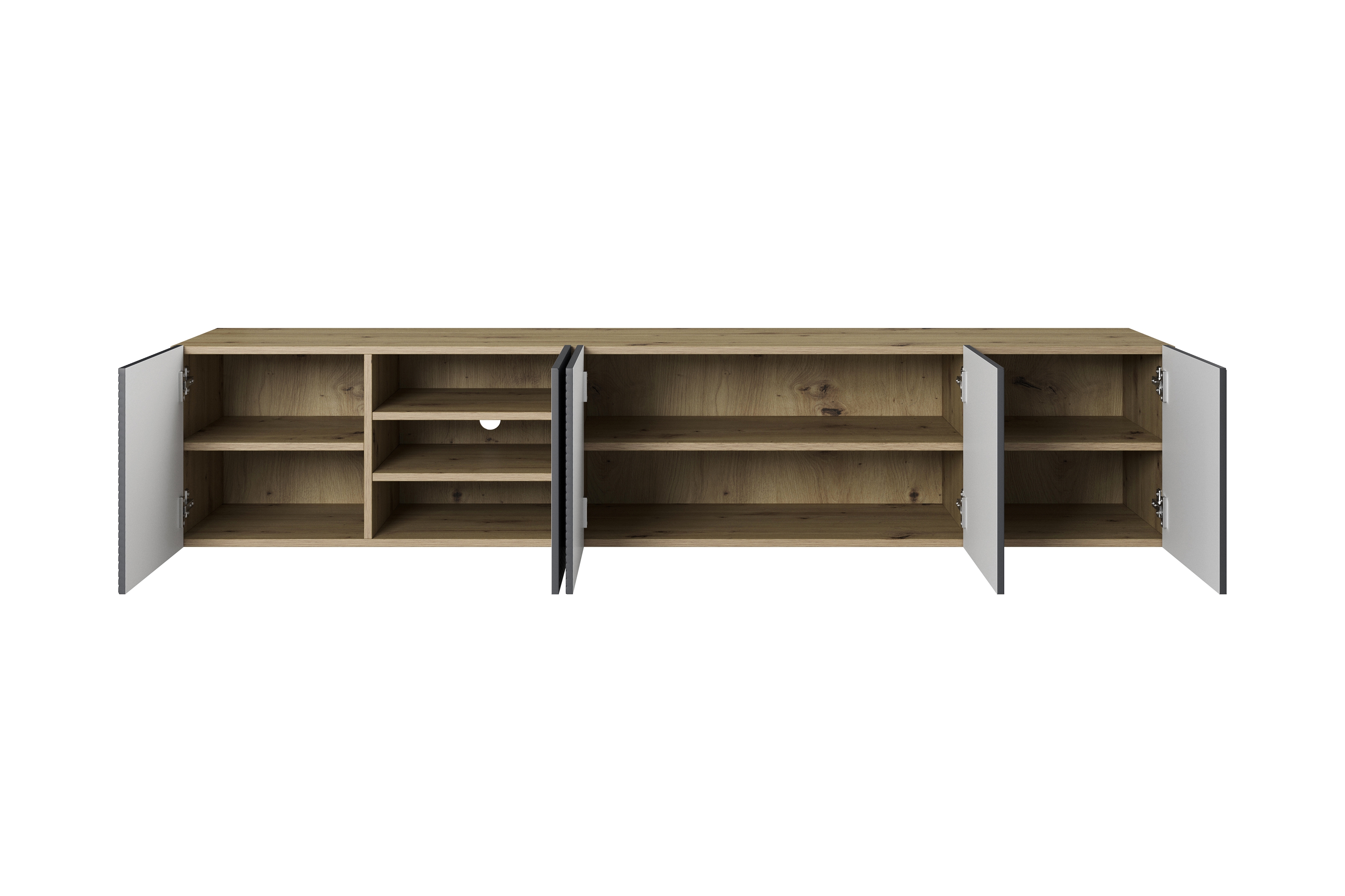 Závesná RTV skrinka Asha 200 cm s ryhovaným frontom - dub artisan / rivier stone mat TV skrinka Asha 200 cm závesná s frézovaným frontom - artisan / rivier stone mat