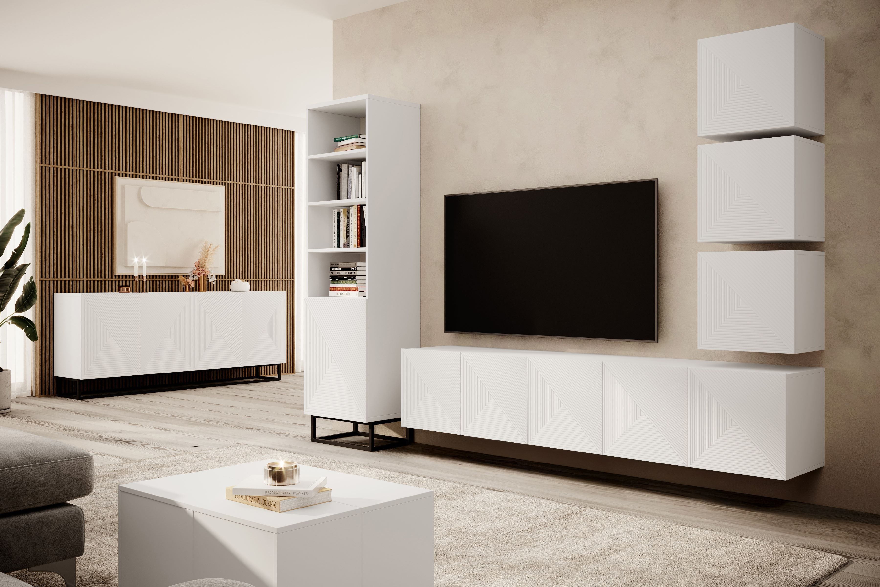 Závěsný TV stolek Asha 200 cm - bílý mat skříňka RTV Asha 200 cm závěsná s frézovanou přední částí - bílý mat