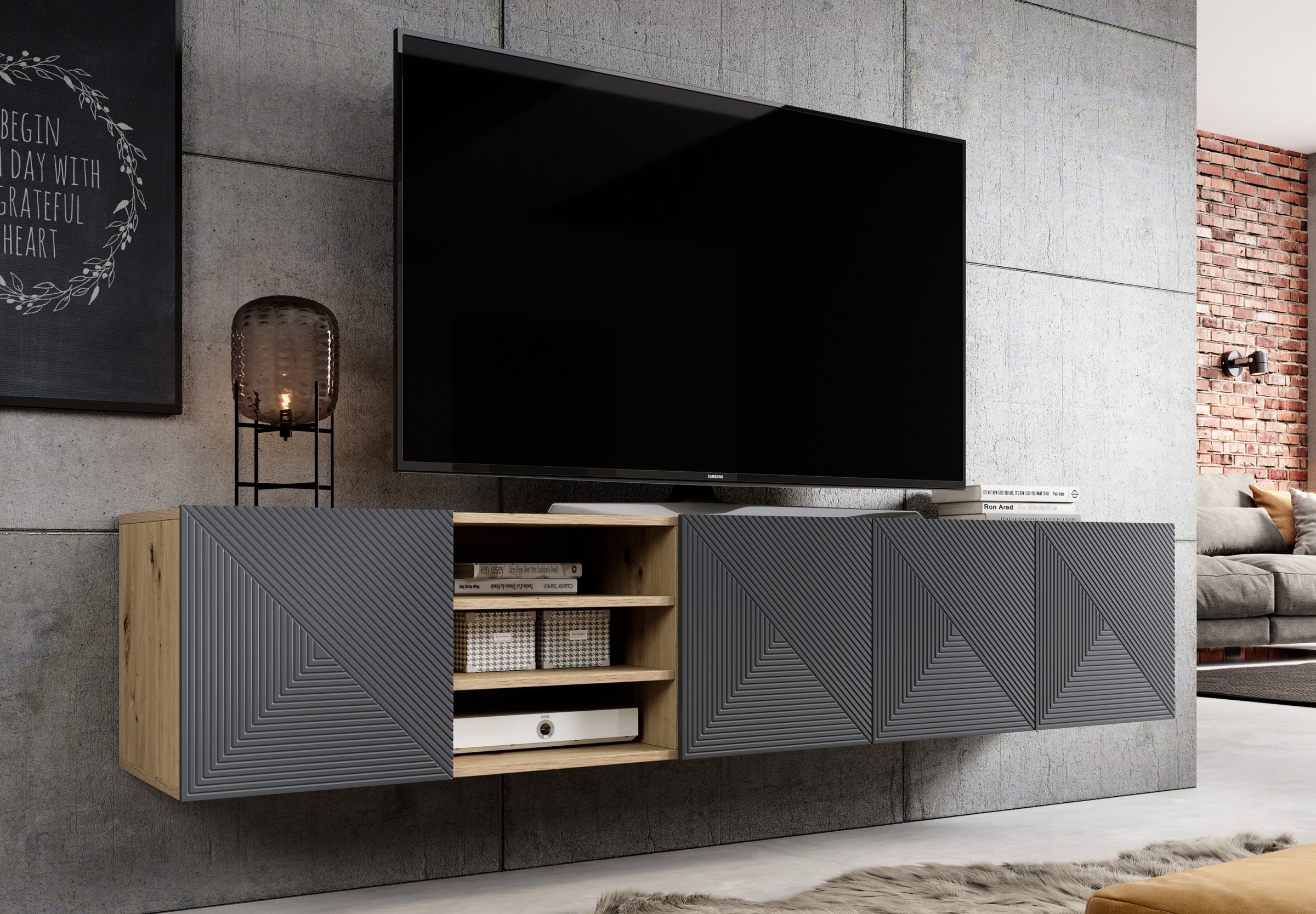 Závesná TV skrinka Asha 200 cm s ryhovaným čelom a výklenkom - dub artisan / rivier stone mat TV skrinka Asha 200 cm závesná s frézovaným frontom i wneka - artisan / rivier stone mat