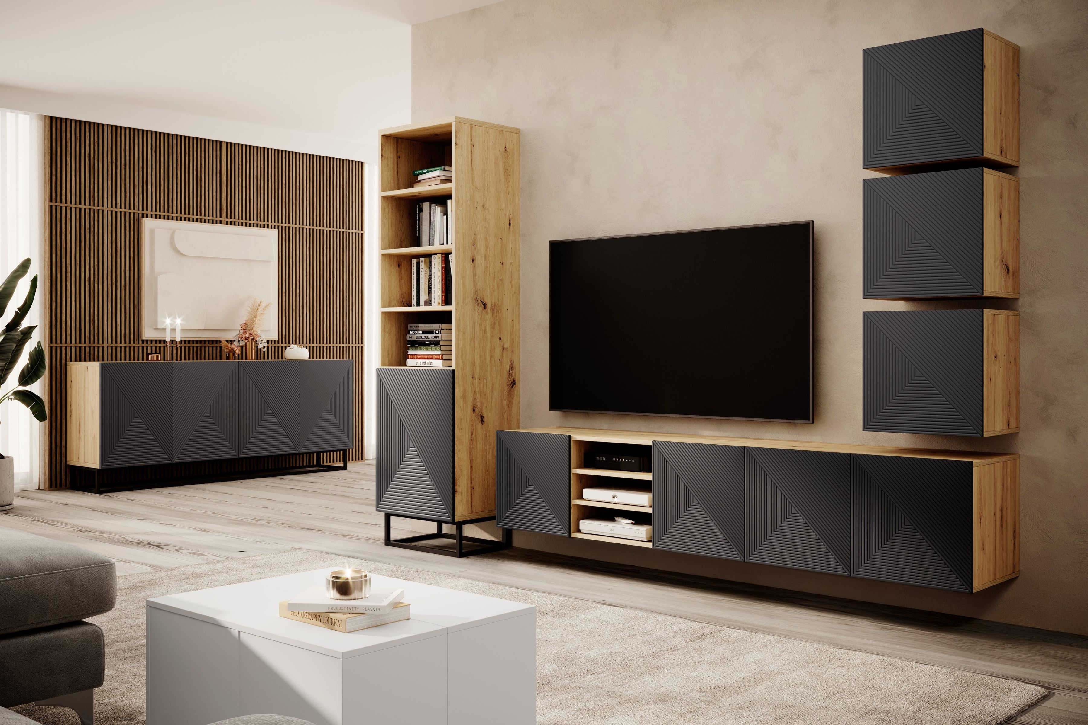 Závesná TV skrinka Asha 200 cm s ryhovaným čelom a výklenkom - dub artisan / rivier stone mat TV skrinka Asha 200 cm závesná s frézovaným frontom i wneka - artisan / rivier stone mat