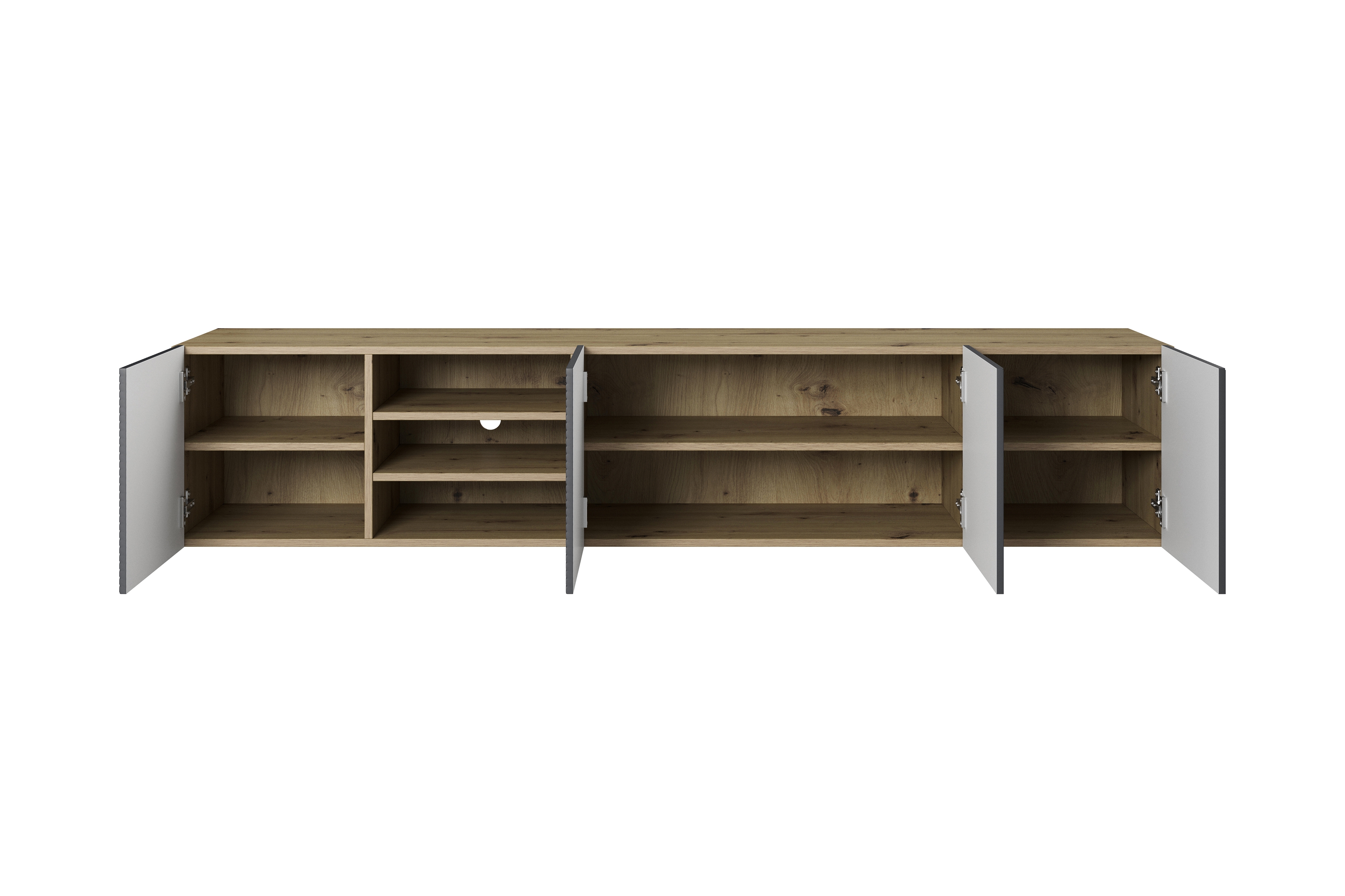 Závěsná TV skříňka Asha 200 cm s drážkovaným čelem a výklenkem - dub artisan / rivier stone mat skříňka RTV Asha 200 cm závěsná s frézovanou přední částí i wneka - artisan / rivier stone mat