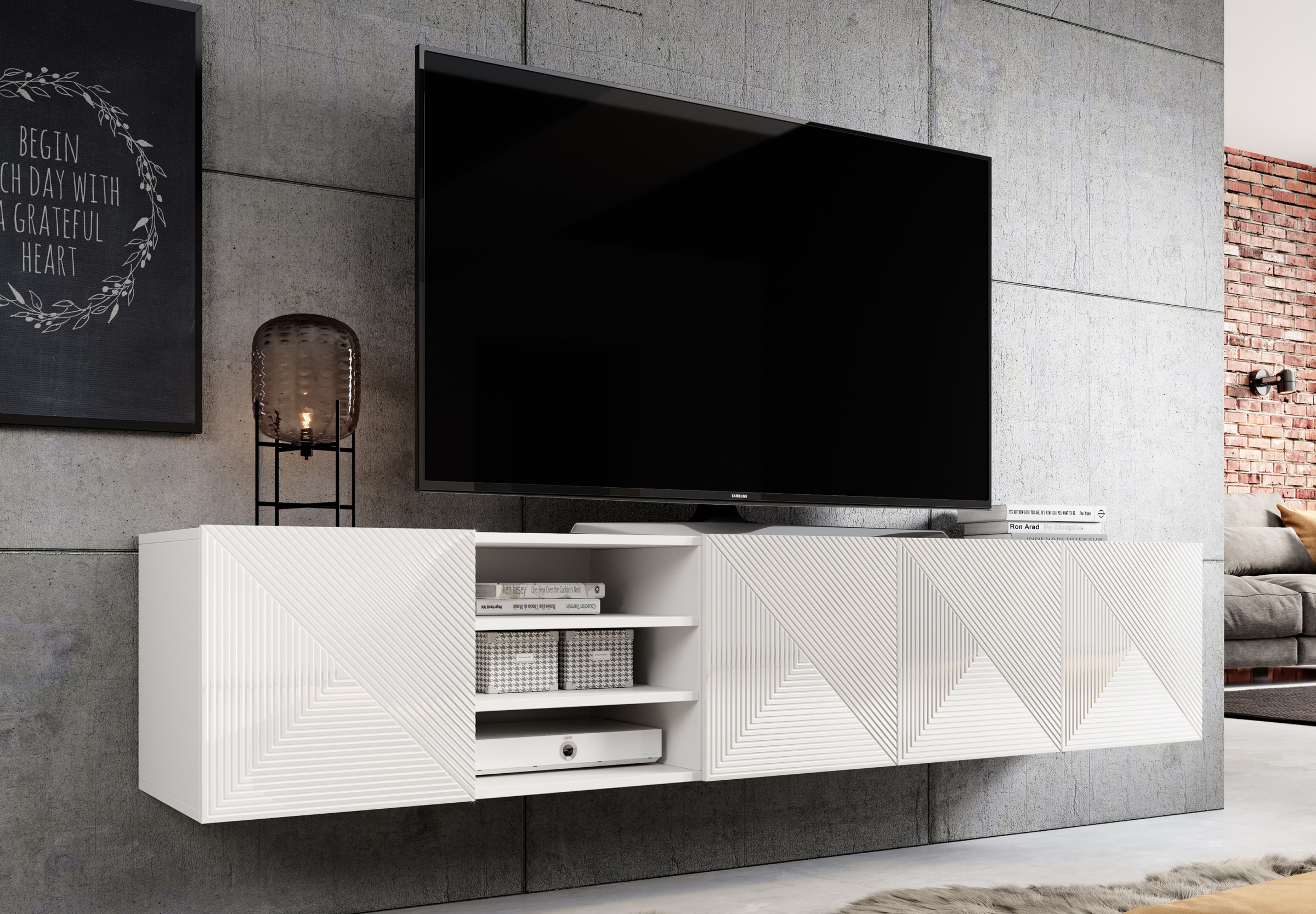 Závesný TV stolík Asha 200 cm s 3 otvorenými policami - biely mat TV skrinka Asha 200 cm závesná s frézovaným frontom i wneka - biely mat