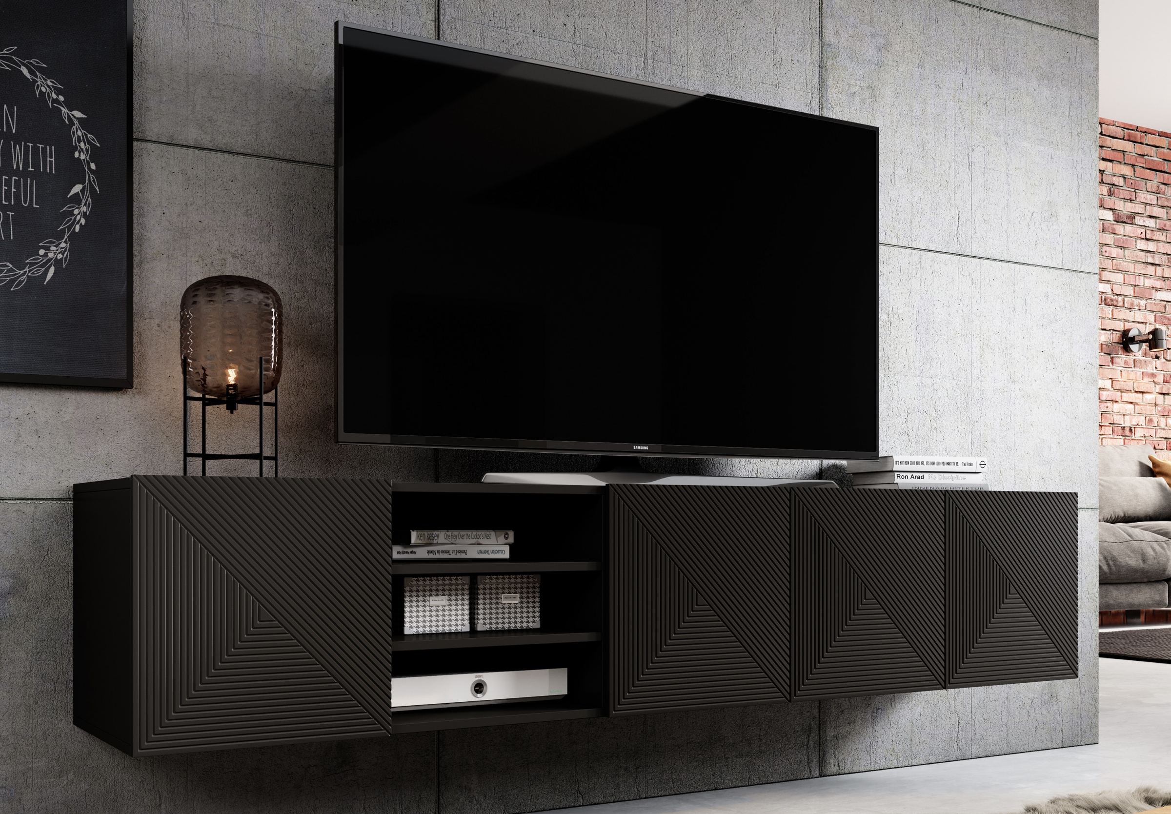 Závesný TV stolík Asha 200 cm s 3 otvorenými policami - čierny mat TV skrinka Asha 200 cm závesná s frézovaným frontom i wneka - Čierny mat