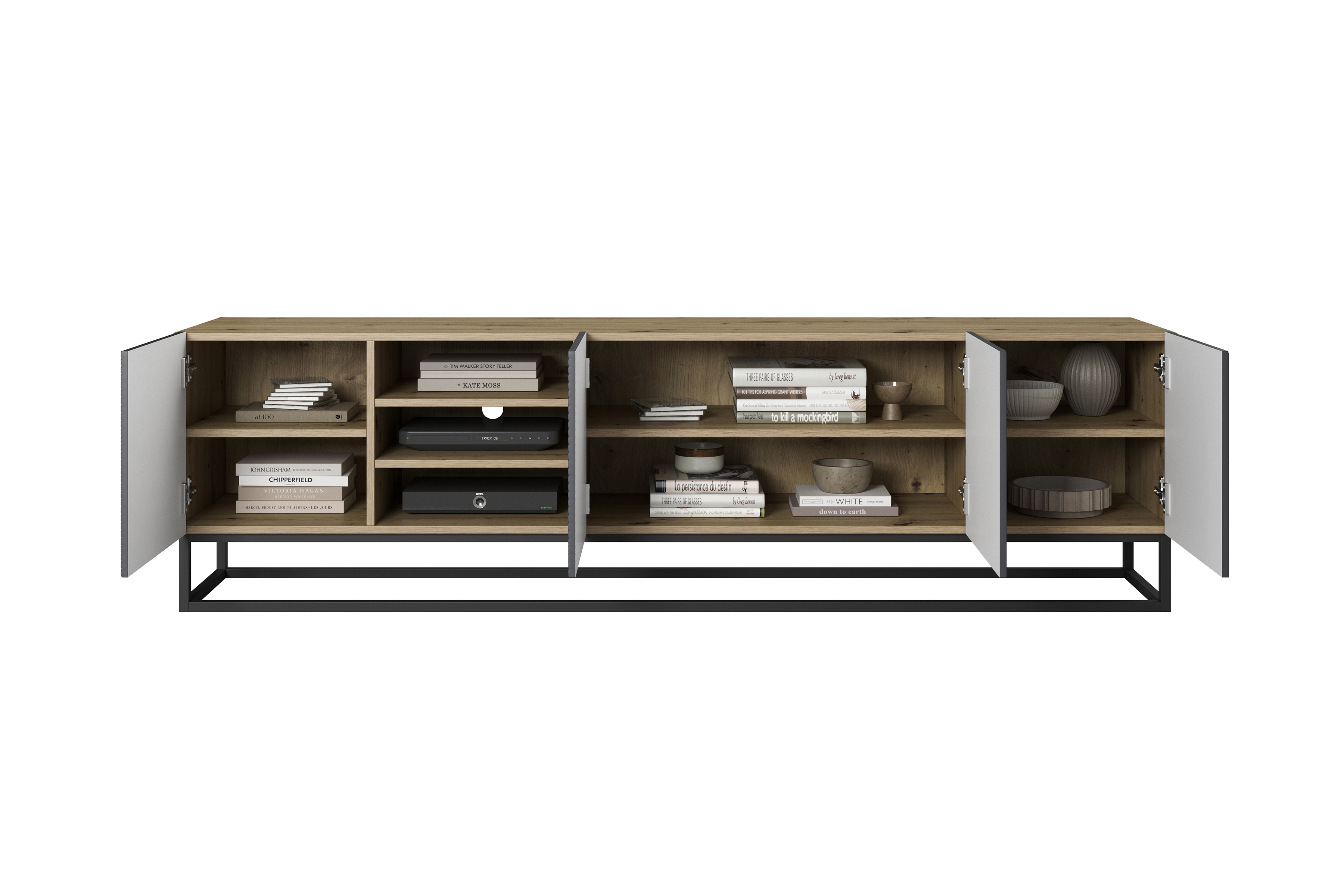 TV stolík Asha 200 cm na čiernom podstavci s 3 otvorenými policami - artisan / čierny mat TV skrinka Asha 200 cm s frézovaným frontom, wnekami i metalowym stelazem - artisan / rivier stone mat