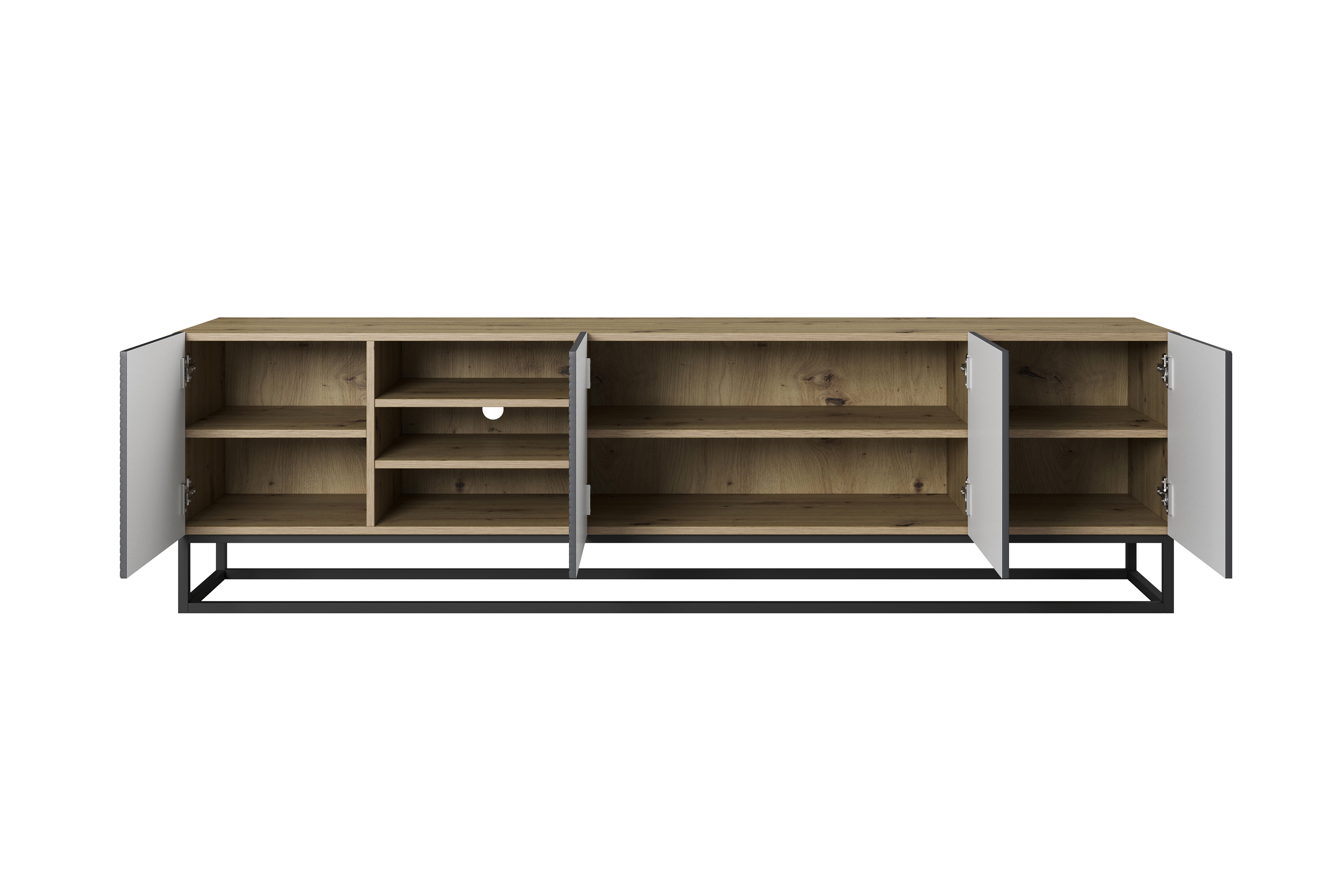 TV stolík Asha 200 cm na čiernom podstavci s 3 otvorenými policami - artisan / čierny mat TV skrinka Asha 200 cm s frézovaným frontom, wnekami i metalowym stelazem - artisan / rivier stone mat