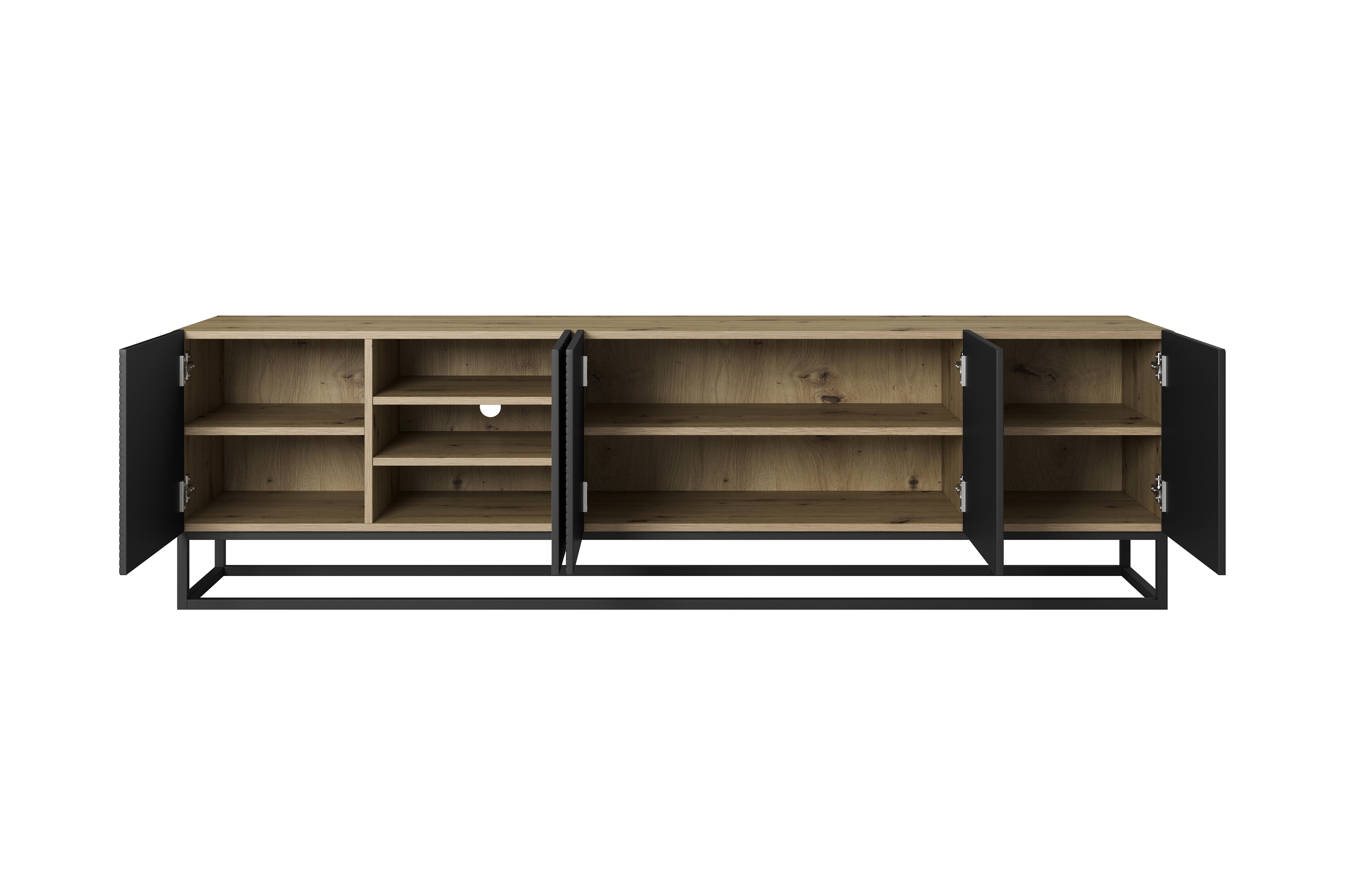 TV skrinka Asha 200 cm s ryhovaným čelom - artisan / čierny mat TV skrinka Asha 200 cm s frézovaným frontom i metalowym, čiernym stelazem - artisan / Čierny mat