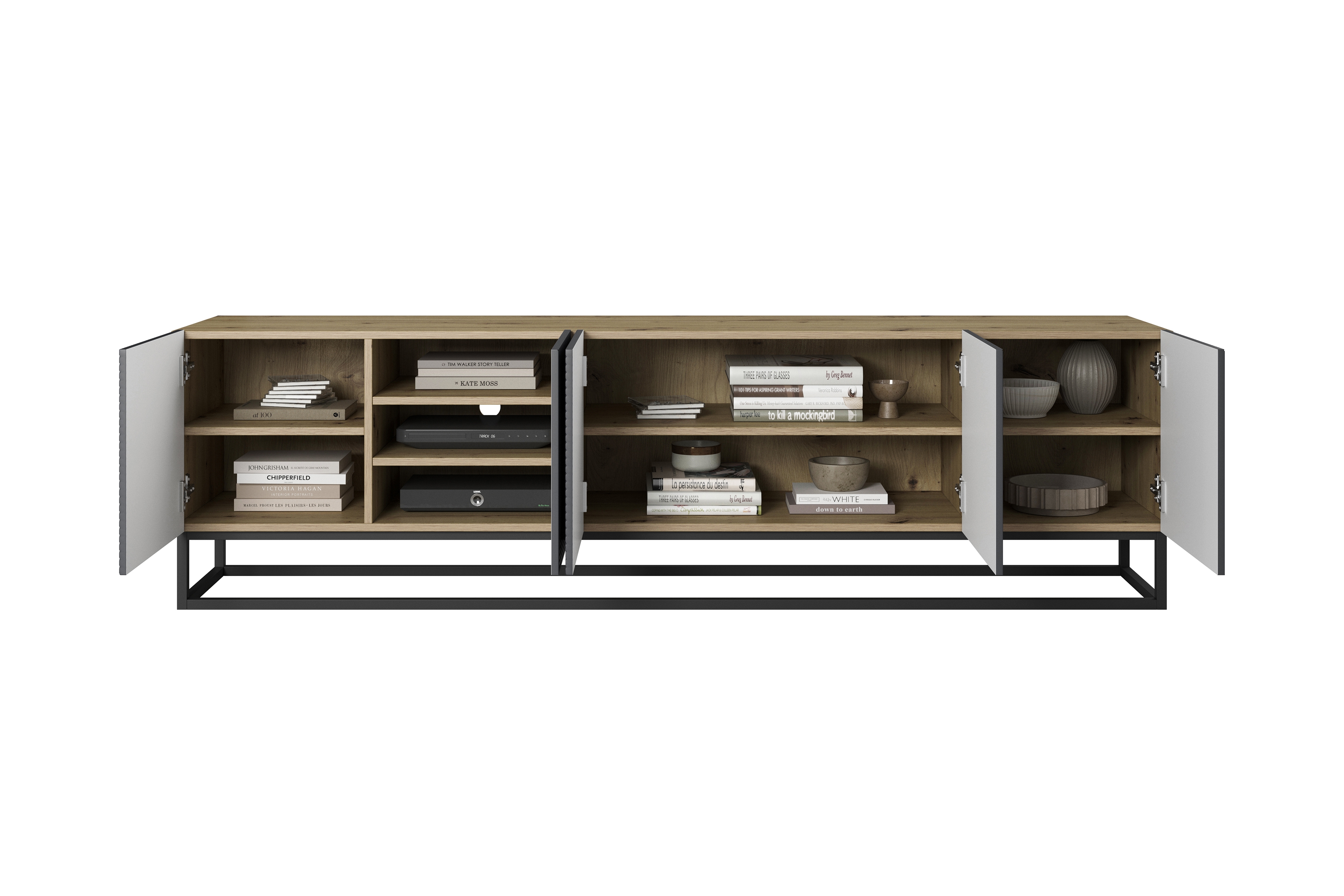 TV stolek Asha 200 cm s drážkovanými dvířky a kovovou podnoží - artisan / rivier stone mat skříňka RTV Asha 200 cm s frézovanou přední částí i metalowym, czarnym stelazem - artisan / rivier stone mat