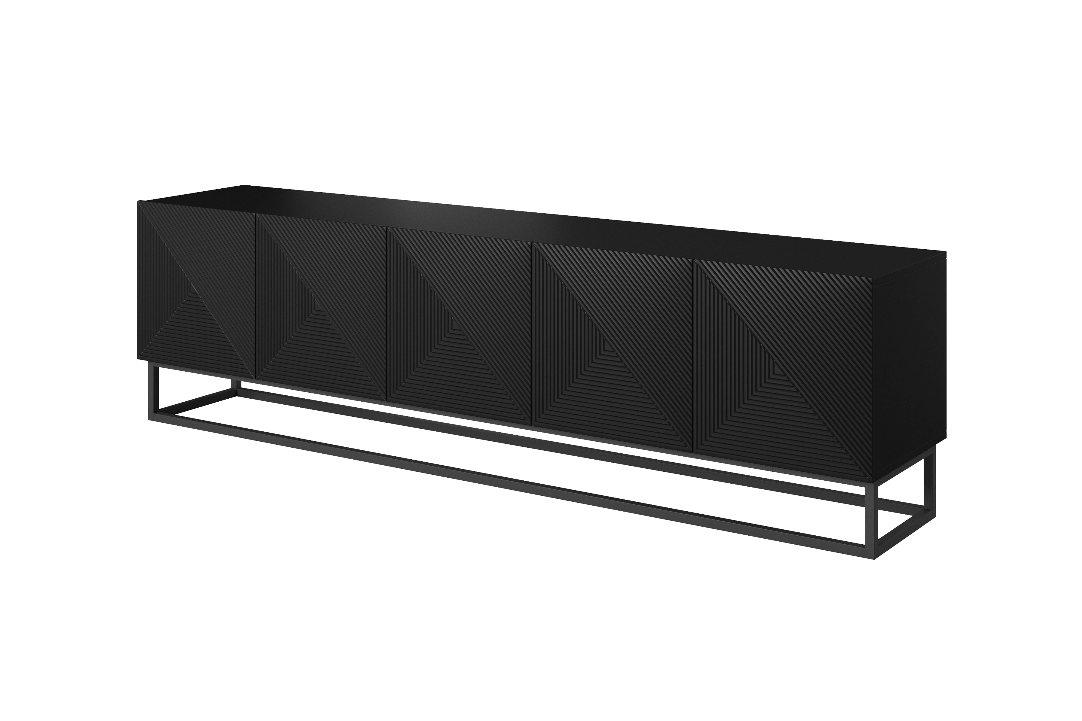 TV skrinka Asha 200 cm s ryhovaným frontom - čierny mat / čierny kovový rám TV skrinka Asha 200 cm s frézovaným frontom i metalowym, čiernym stelazem - Čierny mat