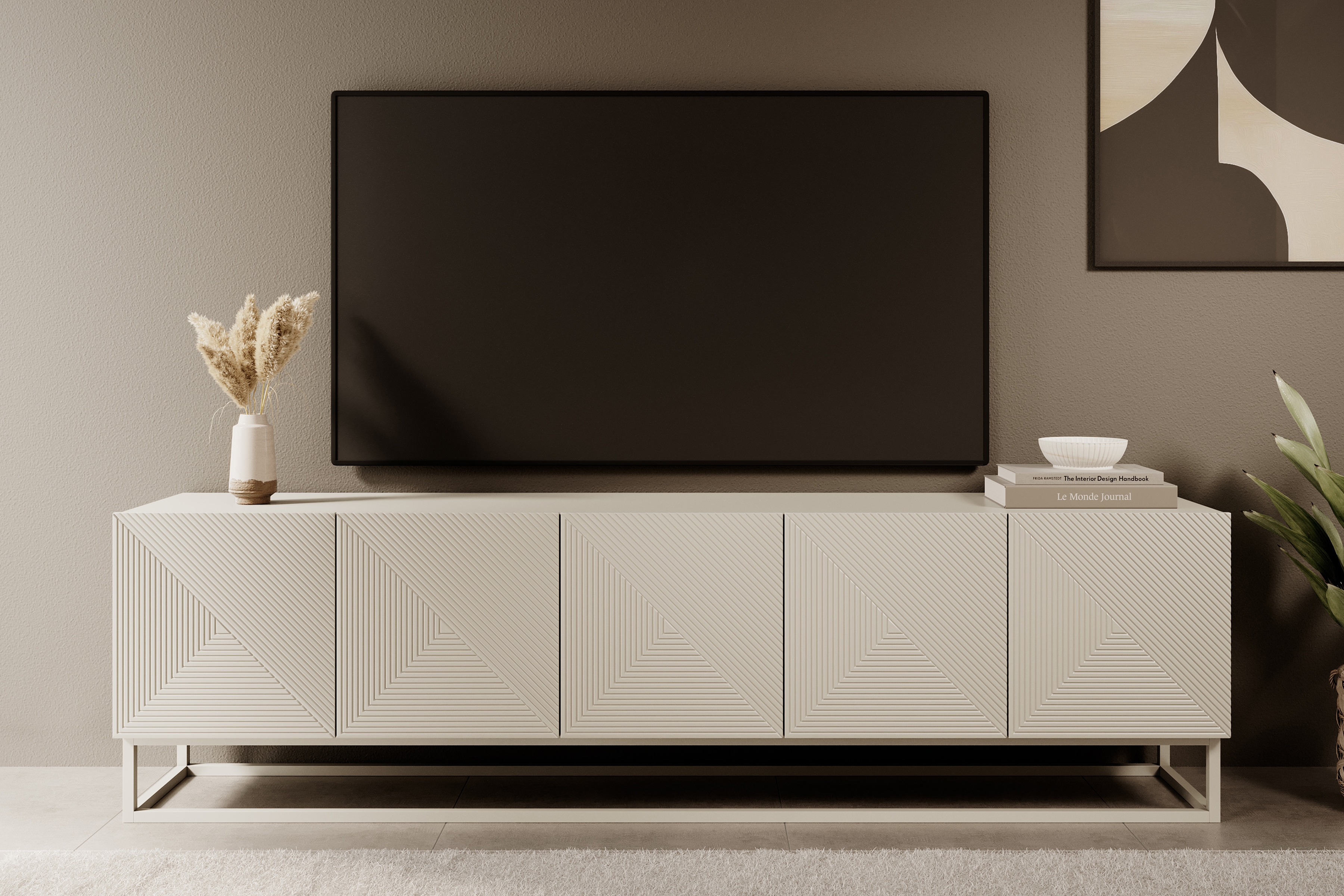 RTV skrinka Asha 200 cm s ryhovaným čelom na kovovom ráme - kašmír TV skrinka Asha 200 cm s frézovaným frontom i metalowym, kaszmirowym stelazem - kašmír