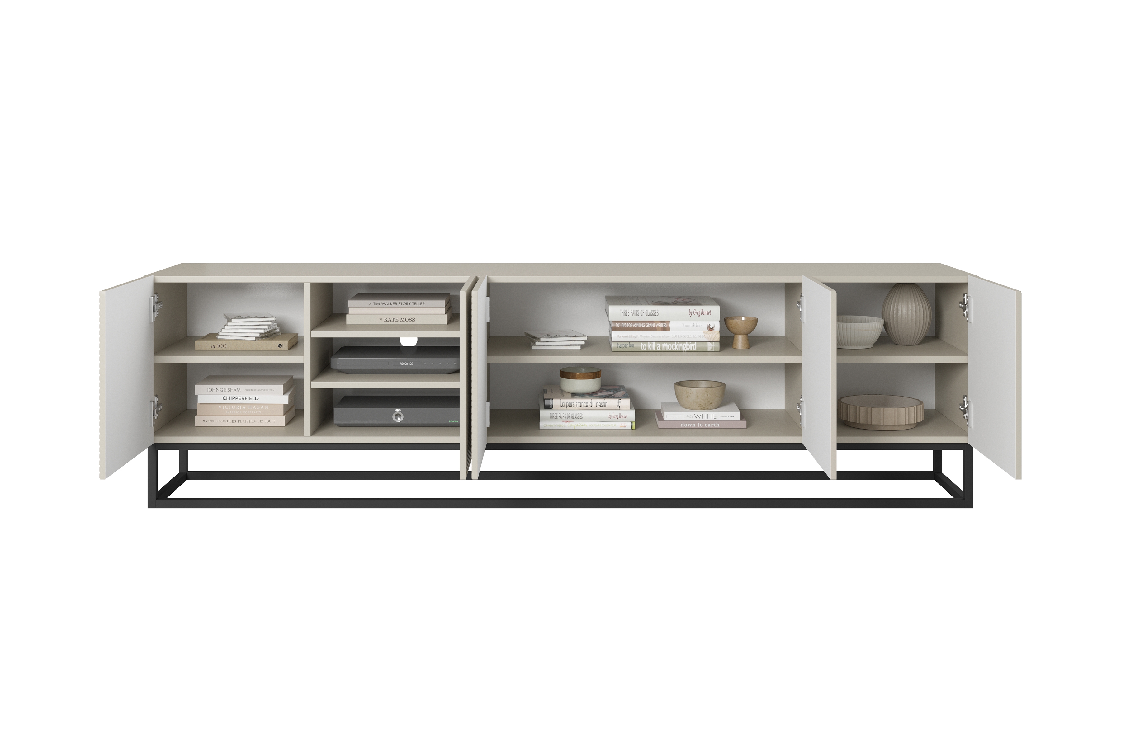 RTV skrinka Asha 200 cm s ryhovanými dvierkami a kovovým čiernym rámom - kašmír TV skrinka Asha 200 cm s frézovaným frontom i metalowym stelazem - kašmír