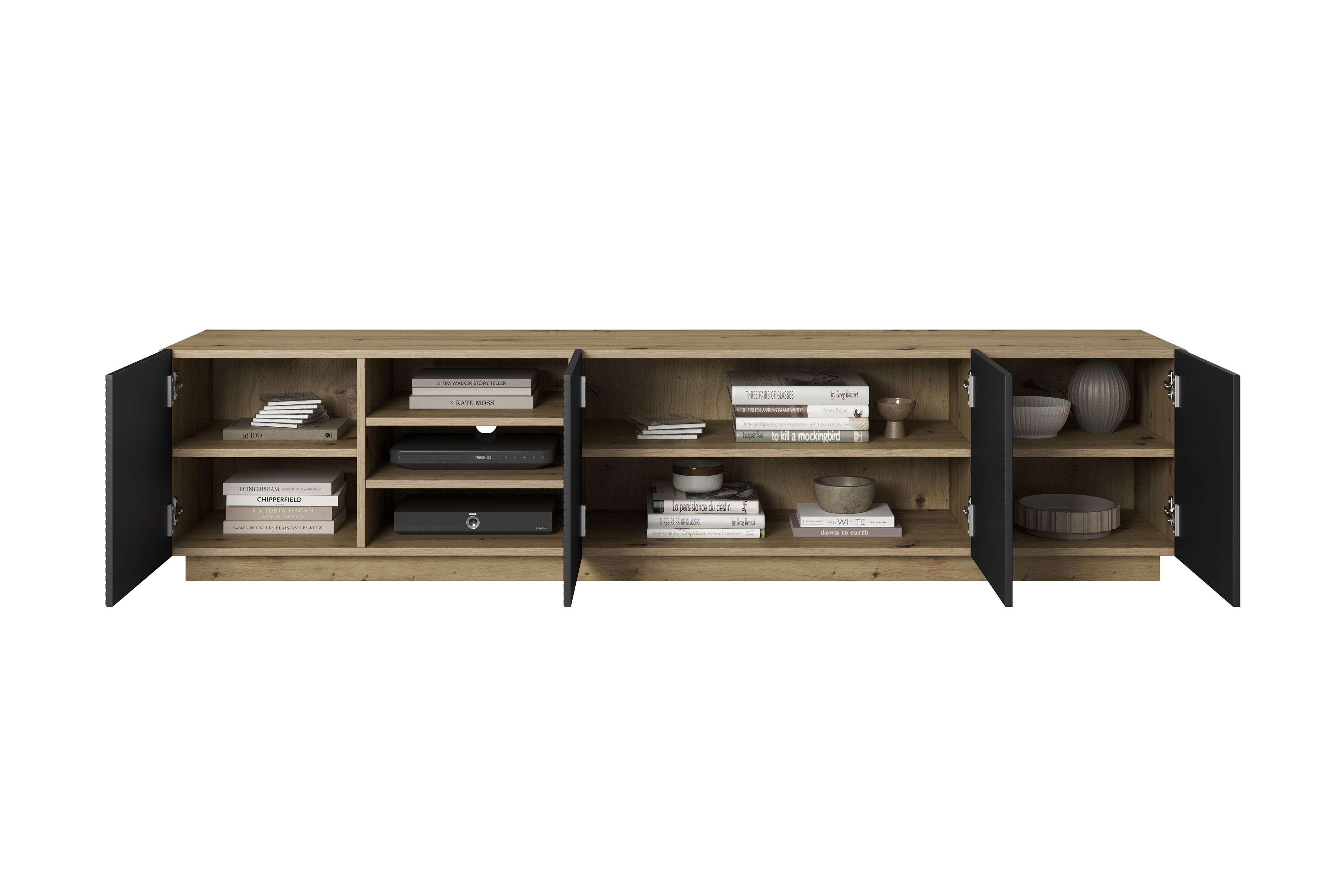 TV stolík Asha 200 cm s ryhovaným čelom - artisan / čierny mat TV skrinka Asha 200 cm s frézovaným frontom i wneka - artisan / Čierny mat