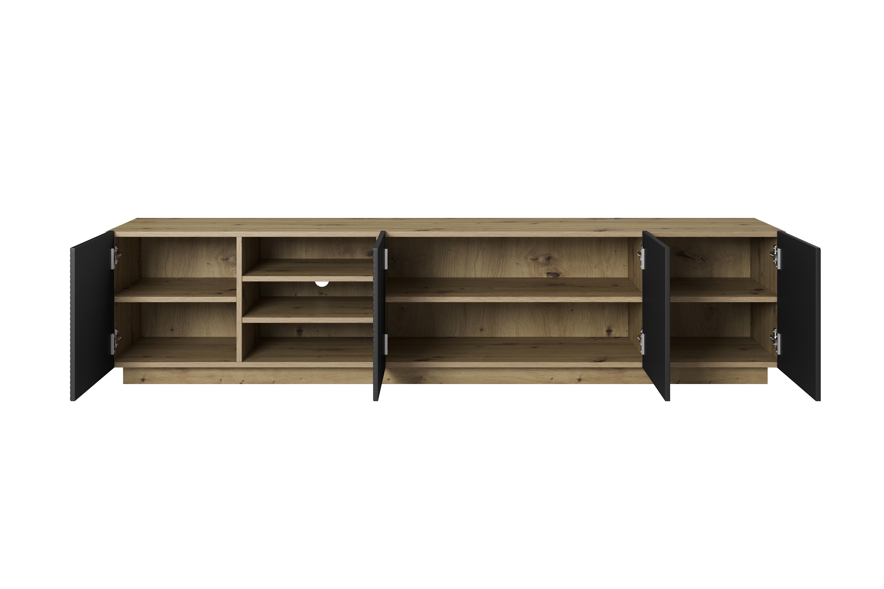 TV stolík Asha 200 cm s ryhovaným čelom - artisan / čierny mat TV skrinka Asha 200 cm s frézovaným frontom i wneka - artisan / Čierny mat