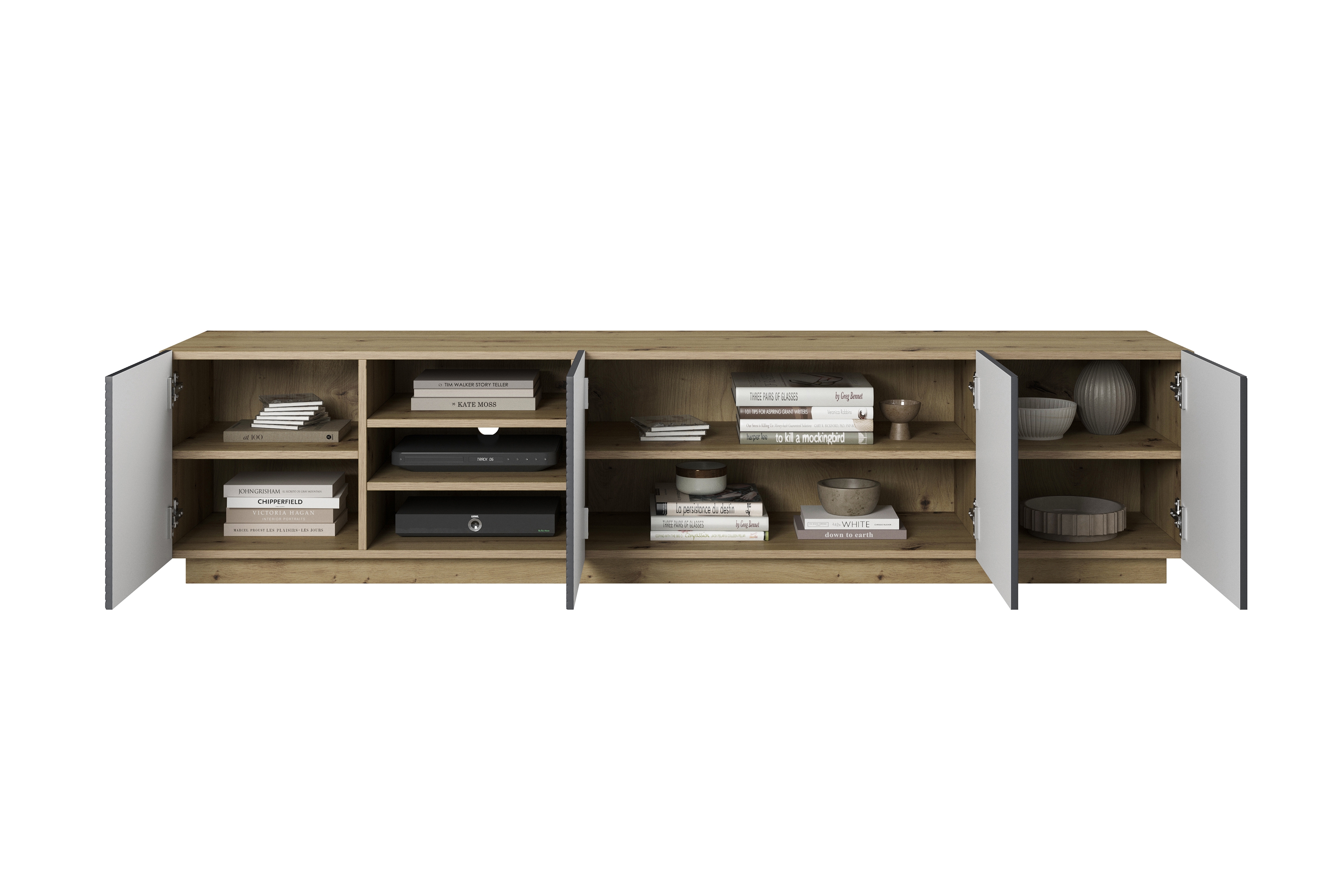 RTV skrinka Asha 200 cm s ryhovaným čelom - artisan / rivier stone mat TV skrinka Asha 200 cm s frézovaným frontom i wneka - artisan / rivier stone mat