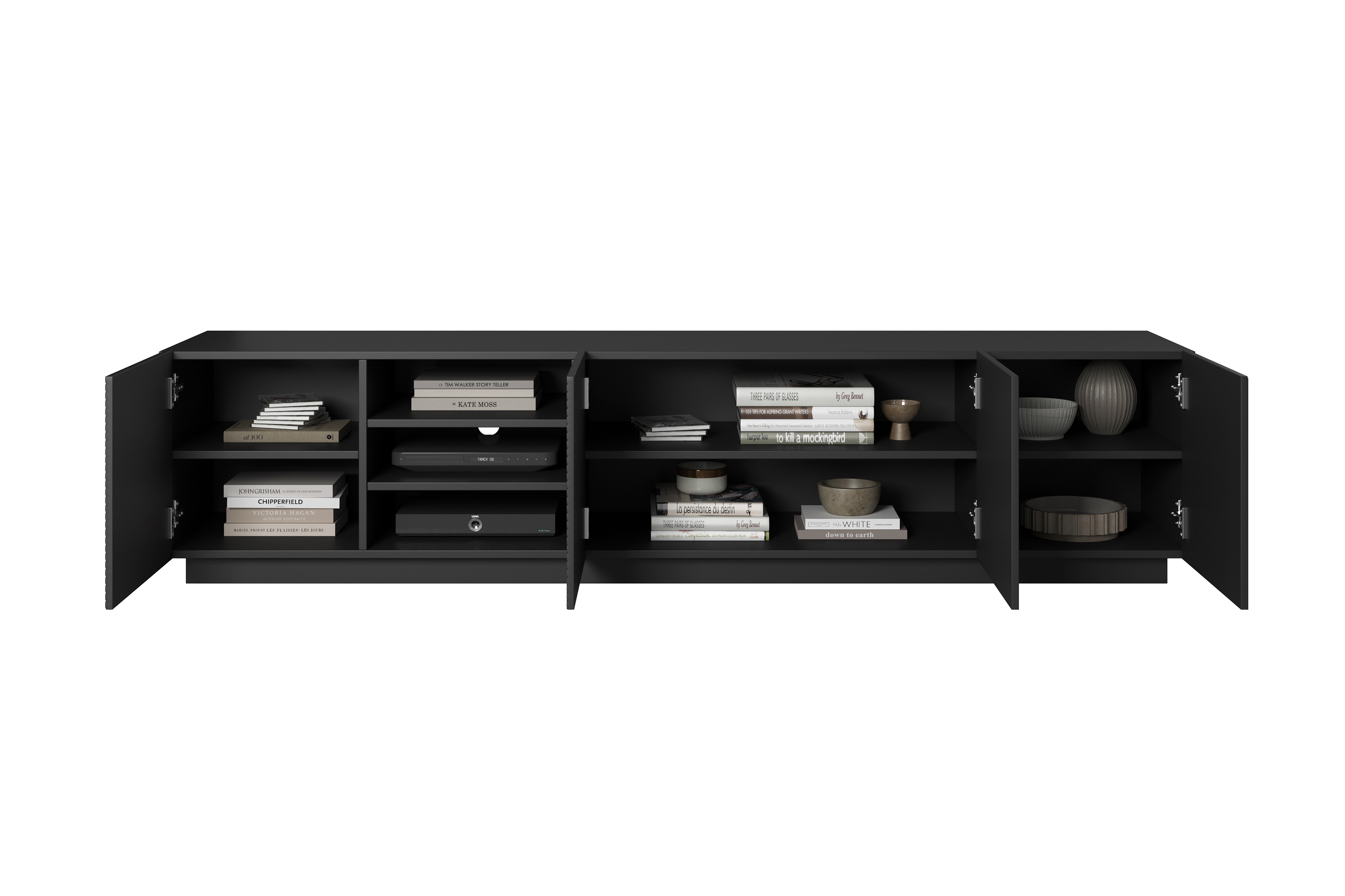 TV skrinka Asha 200 cm s ryhovaným čelom a otvorenou poličkou - čierny mat TV skrinka Asha 200 cm s frézovaným frontom i wneka - Čierny mat