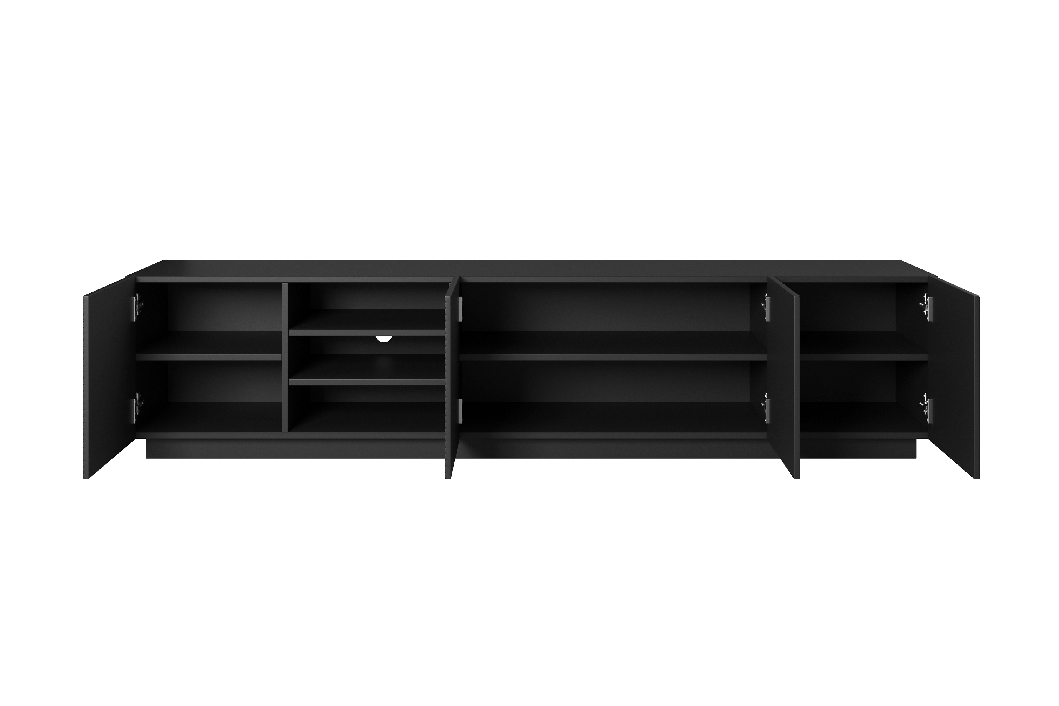 TV skrinka Asha 200 cm s ryhovaným čelom a otvorenou poličkou - čierny mat TV skrinka Asha 200 cm s frézovaným frontom i wneka - Čierny mat