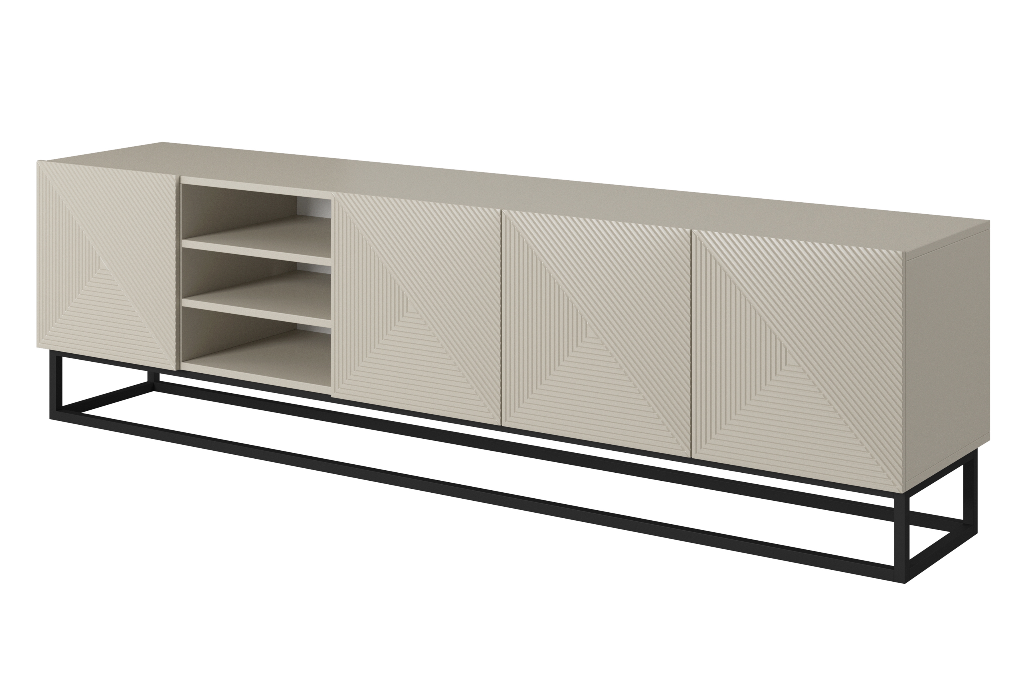 TV skrinka Asha 200 cm s ryhovaným čelom, otvorenou poličkou a čiernym kovovým rámom – kašmírová TV skrinka Asha ryflowana z wneka i metalowym, čiernym stelazem 200 cm - kašmír