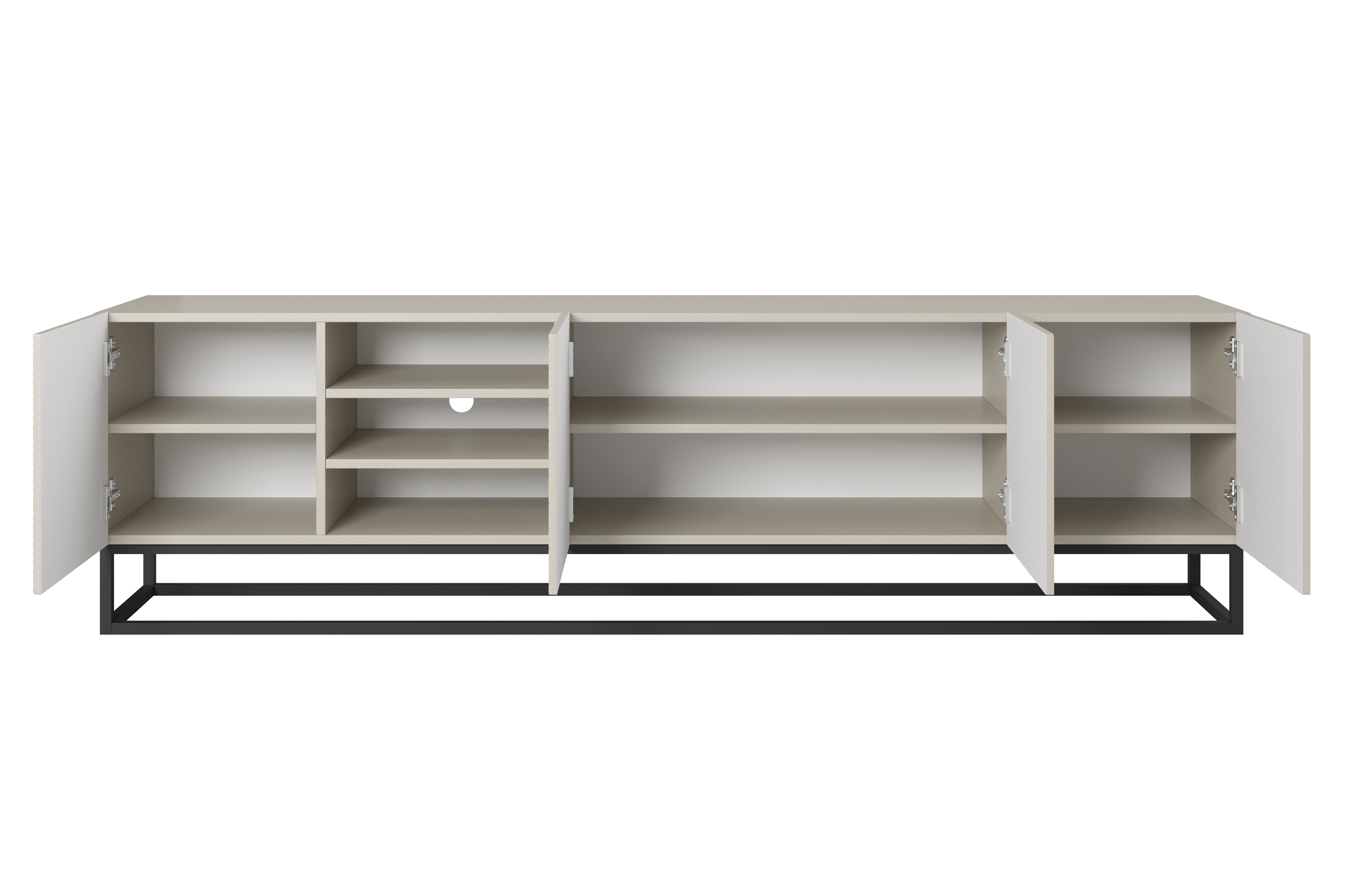 TV skrinka Asha 200 cm s ryhovaným čelom, otvorenou poličkou a čiernym kovovým rámom – kašmírová TV skrinka Asha ryflowana z wneka i metalowym, čiernym stelazem 200 cm - kašmír