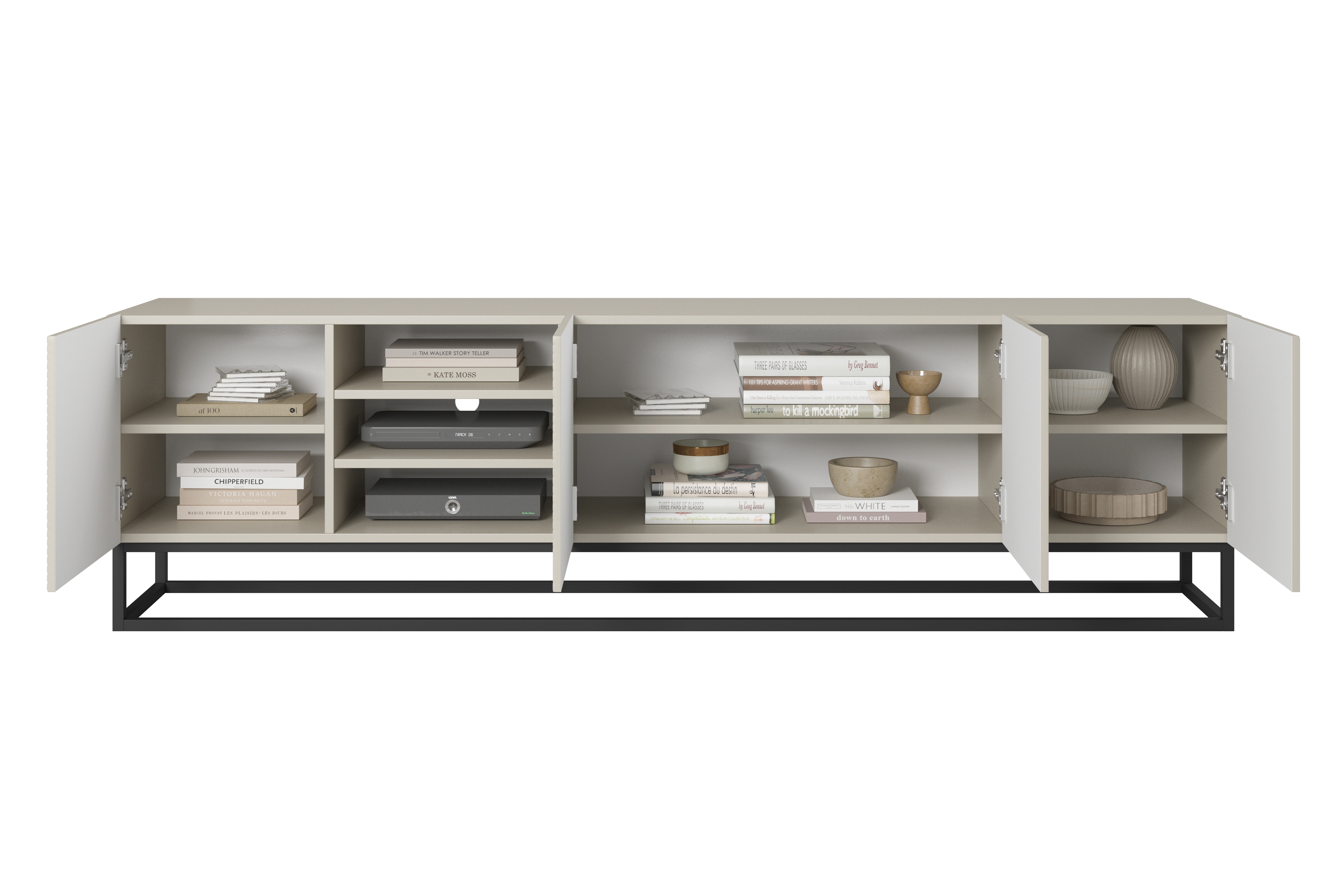 TV skrinka Asha 200 cm s ryhovaným čelom, otvorenou poličkou a čiernym kovovým rámom – kašmírová TV skrinka Asha ryflowana z wneka i metalowym, čiernym stelazem 200 cm - kašmír