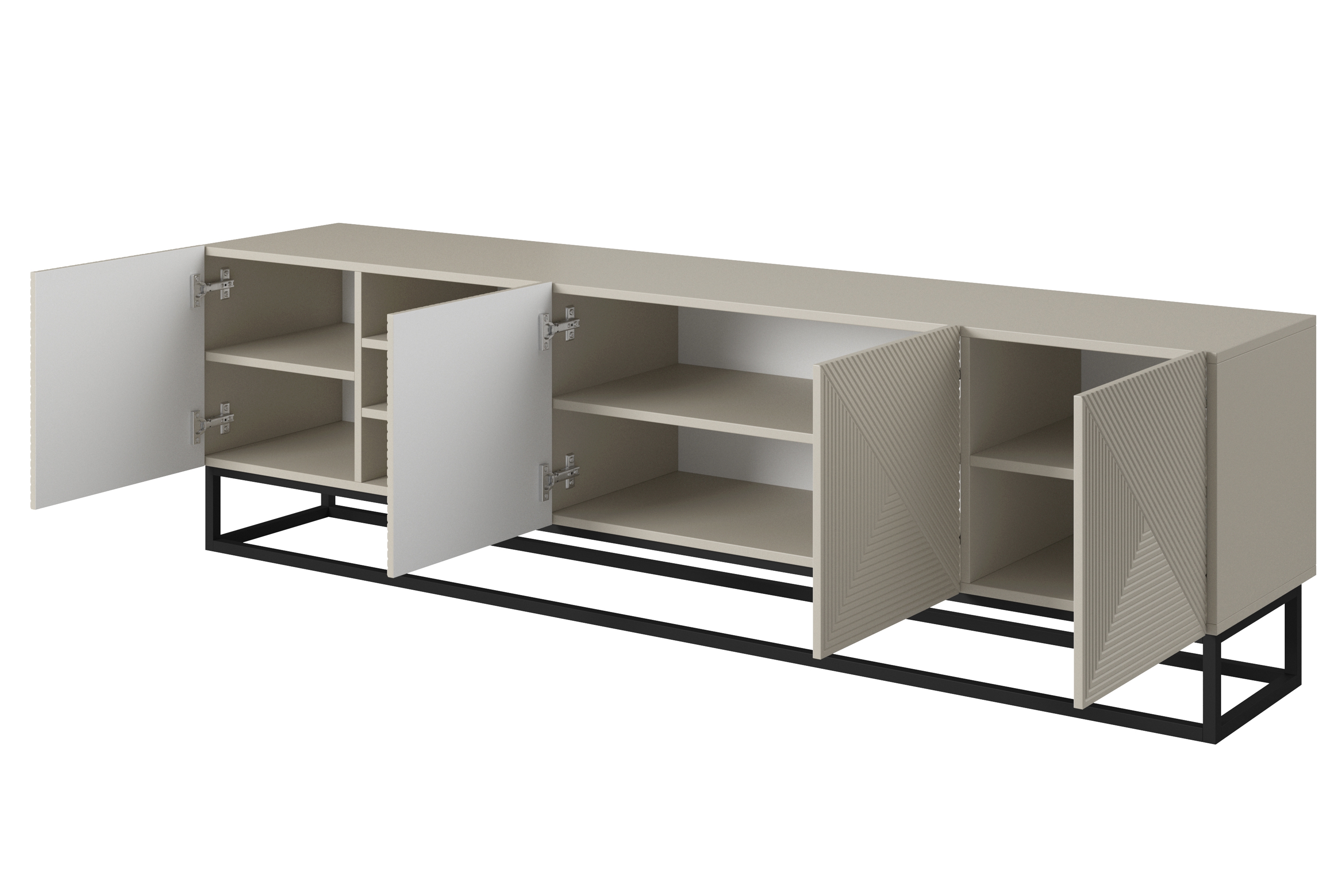 TV skrinka Asha 200 cm s ryhovaným čelom, otvorenou poličkou a čiernym kovovým rámom – kašmírová TV skrinka Asha ryflowana z wneka i metalowym, čiernym stelazem 200 cm - kašmír