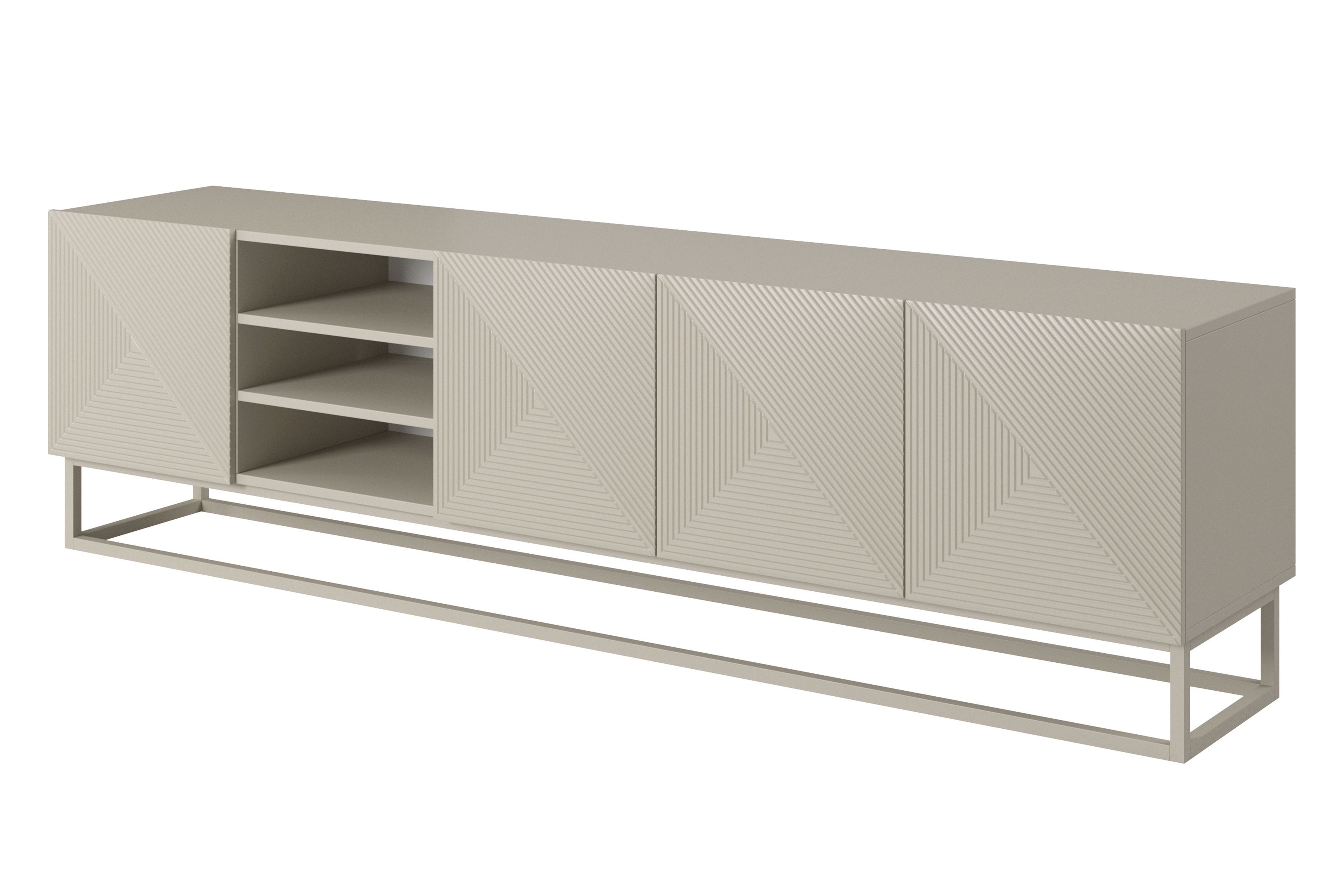 TV stolek Asha 200 cm s rýhovaným čelem, výklenkem a kašmírovým kovovým rámem - kašmír Skříňka RTV Asha ryflowana z wneka i metalowym, kaszmirowym stelazem 200 cm - kašmír