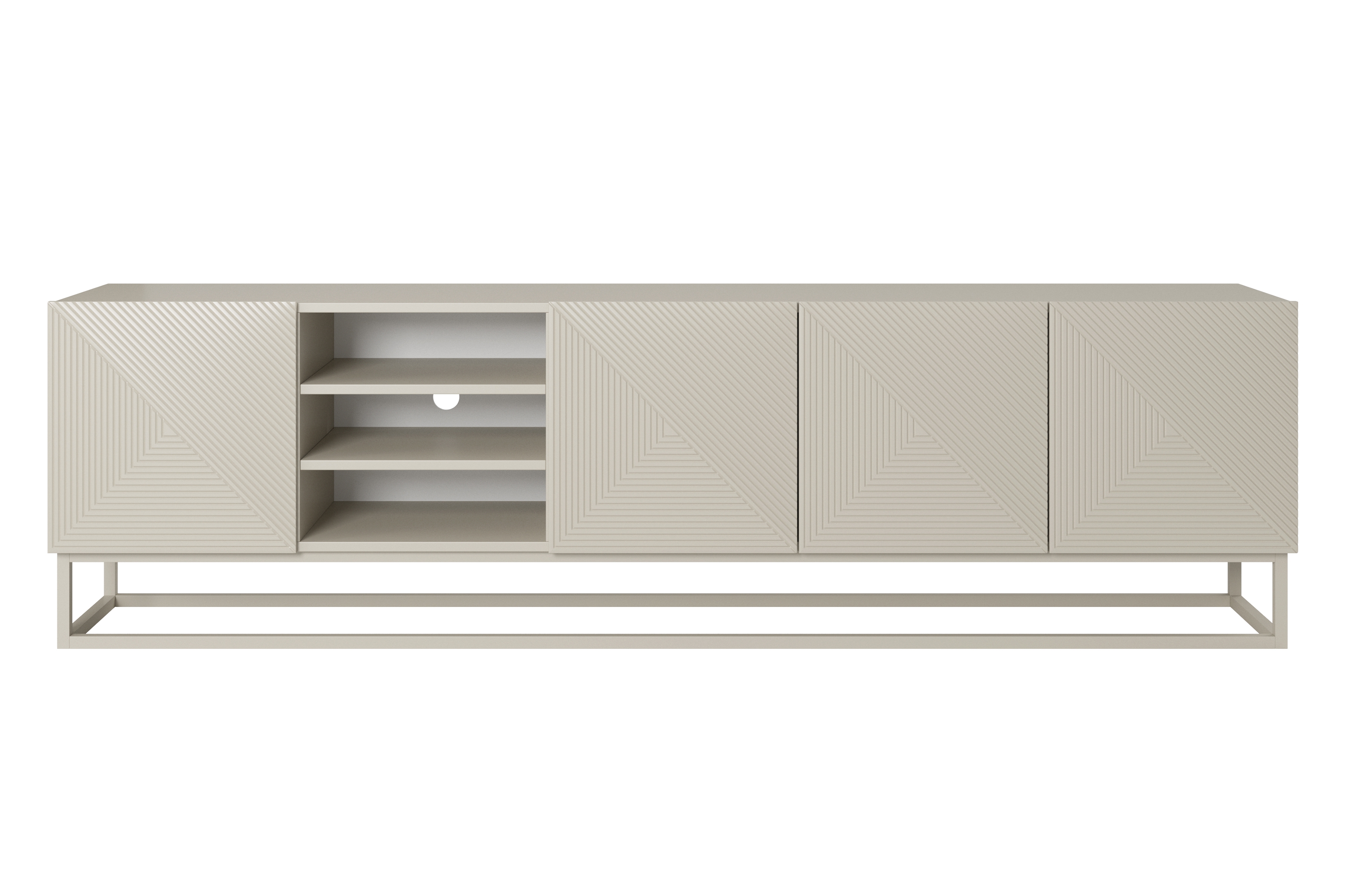 TV stolek Asha 200 cm s rýhovaným čelem, výklenkem a kašmírovým kovovým rámem - kašmír Skříňka RTV Asha ryflowana z wneka i metalowym, kaszmirowym stelazem 200 cm - kašmír