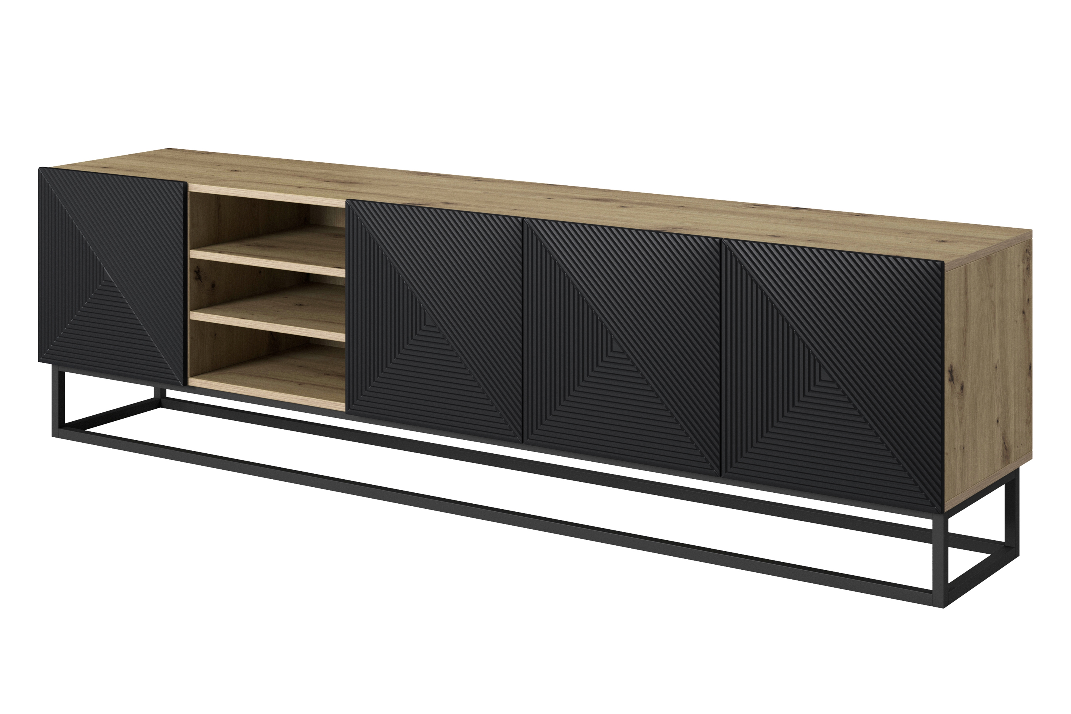 RTV skrinka Asha 200 cm ryhovaná s výklenkom a kovovým rámom - dub artisan / čierny mat TV skrinka Asha ryflowana z wneka i metalowym stelazem 200 cm - artisan / Čierny mat